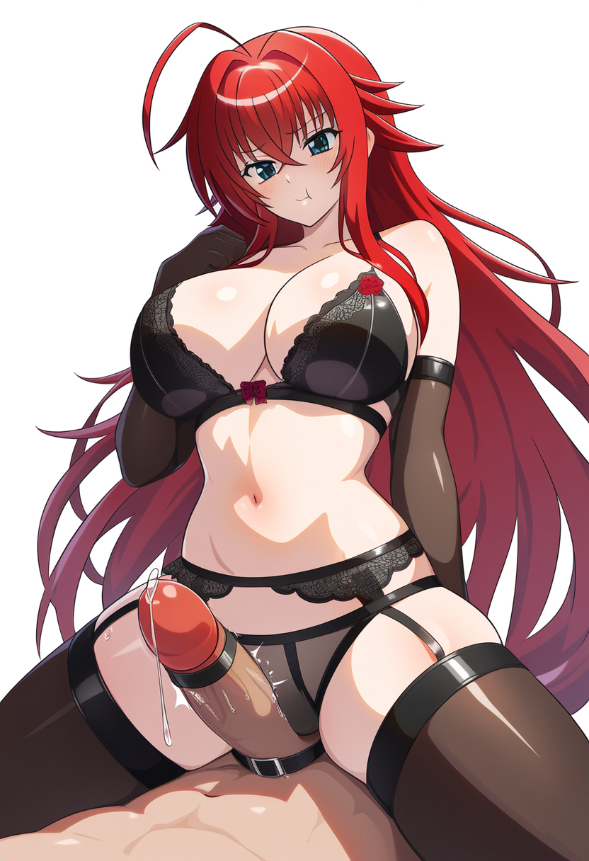 1boy1girl 2d ai_generated belt big_breasts blue_eyes blush bra breasts commentary_request crossed_arms execro female_focus high_school_dxd hyoudou_issei light-skinned_female long_hair looking_at_viewer novelai orgasm_denial penis pout pov pov_male precum precum_drip red_hair rias_gremory straddling sweat