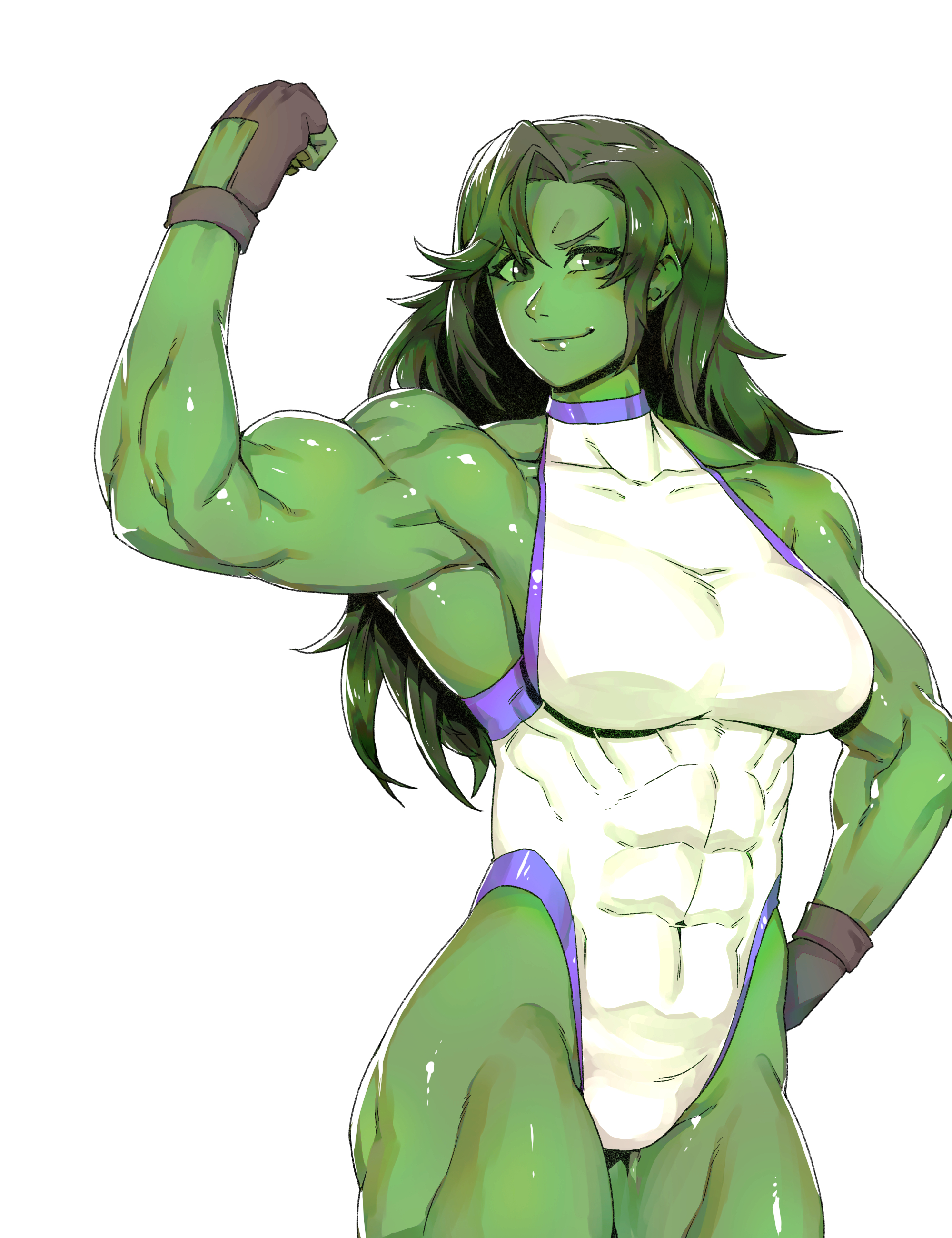 1girls, abs visible through clothing, absurd res, biceps, breasts, female, flexing, green eyes, green hair, green skin, hi res, hulk (series), large breasts, leotard, marvel, marvel comics, matching hair/eyes, minew, muscular, muscular female, she-hulk, simple shading, skin tight, smile, solo, white background