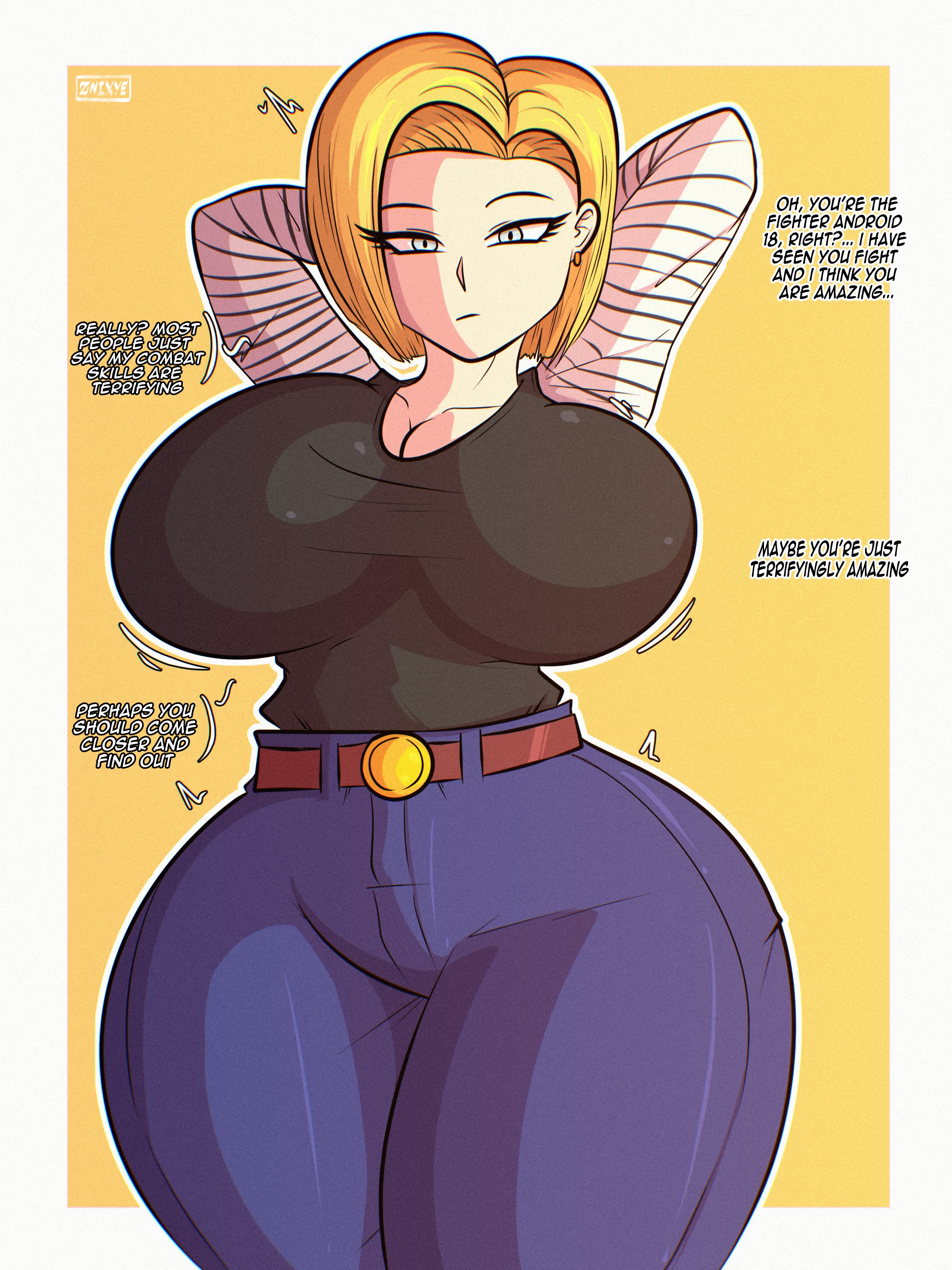 1girl, 1girls, android 18, big breasts, blonde female, blonde hair, blonde-haired female, blue jeans, breasts, brown belt, clothed, clothed female, dragon ball, dragon ball z, female, female focus, hips, imminent cheating, jeans, large boobs, large breasts, light skin, light-skinned female, talking to viewer, thick thighs, thighs, wide hips, znixye
