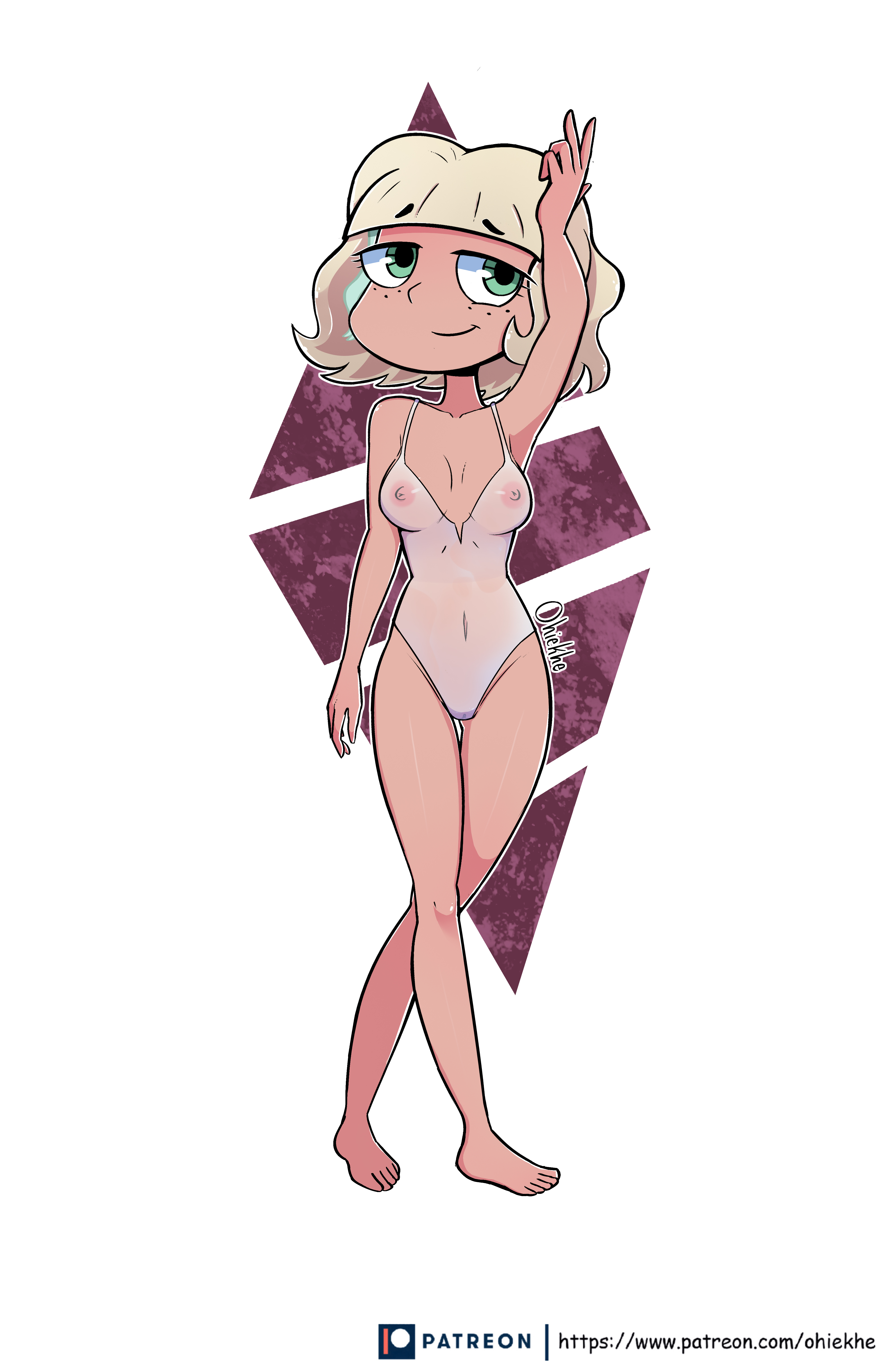 blonde hair, breasts, disney, disney channel, disney xd, female, female only, green eyes, jackie lynn thomas, nipples, ohiekhe, see-through swimsuit, smile, solo, standing, star vs the forces of evil, straight hair, swimsuit