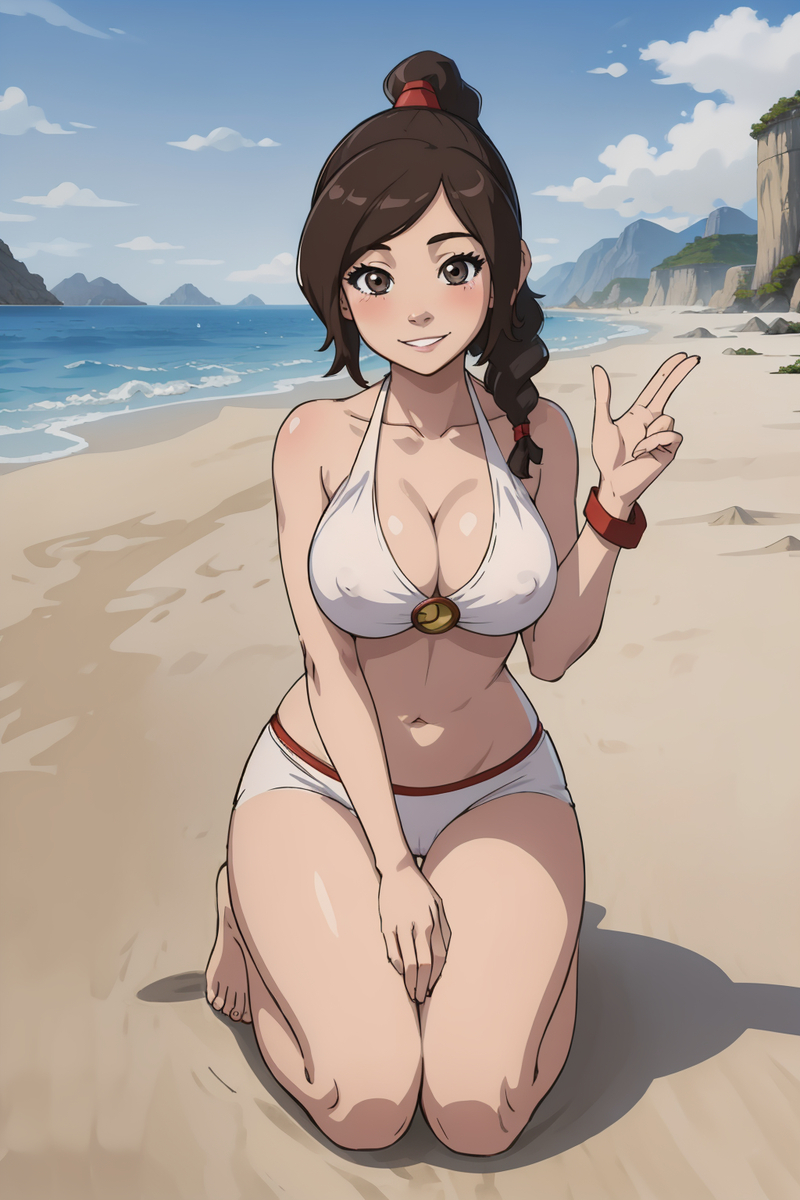 1girls ai_generated aindroidparanoid avatar_legends avatar_the_last_airbender beach big_breasts brown_hair covered_nipples female fire_nation gray_eyes huge_breasts kneeling nonbender ponytail sand sea smile stable_diffusion ty_lee waving white_bikini