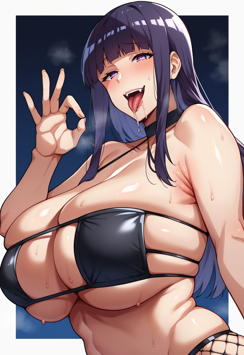 ai generated, aijuicer, bikini, bikini top, black hair, blowjob gesture, breasts, breasts bigger than head, female, fishnets, gigantic breasts, huge breasts, hyuuga hinata, large breasts, long hair, looking at viewer, naruto, naruto (series), naruto shippuden, purple eyes, shounen jump, smiling at viewer, squatting, vampire teeth
