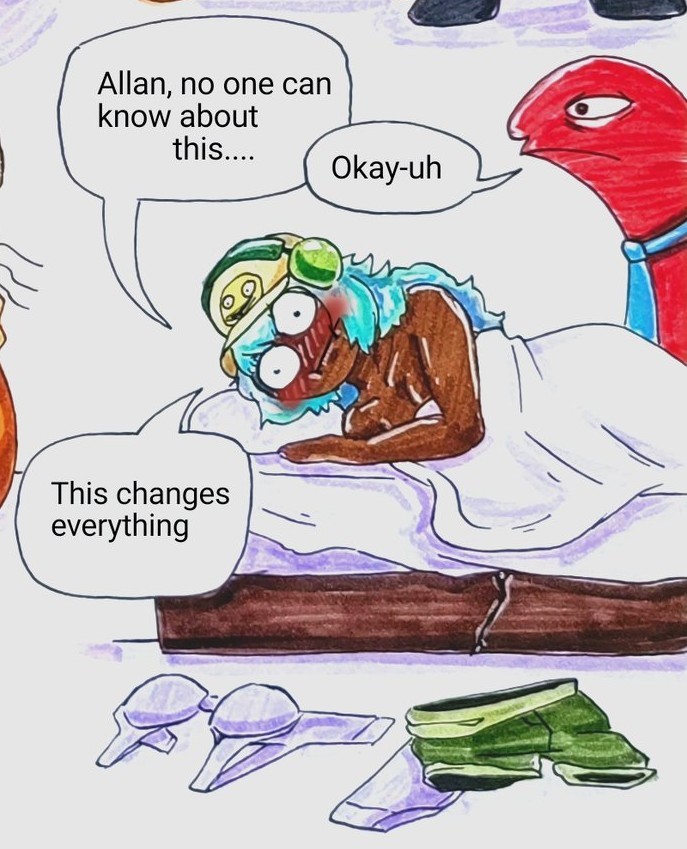 1boy, 1girls, 2d, after sex, alan (smiling friends), bed, bed break, bedsheets, bra, cleavage, cropped, cropped image, dat0neguy, dialogue, dolly dimpley, funny, hat, headphones, naked, naked female, naked in bed, nude, nude female, one night stand, panties, removed bra, removed clothing, removed panties, shocked, shocked expression, shorts, smiling friends, tagme, text, text bubble