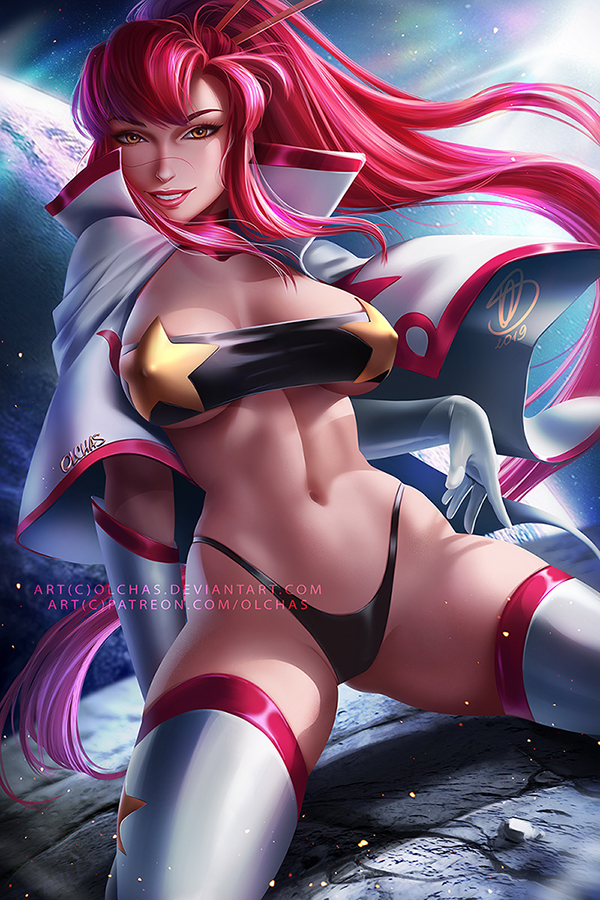 1girls, bra, breasts, brown eyes, cleavage, cowboy shot, erect nipples, erect nipples under clothes, female, female only, human, jacket, large breasts, long hair, looking at viewer, navel, nipples, olchas, open clothes, panties, ponytail, red hair, sitting, smile, solo, space yoko, tengen toppa gurren lagann, thighhighs, thong, tied hair, underwear, yoko littner