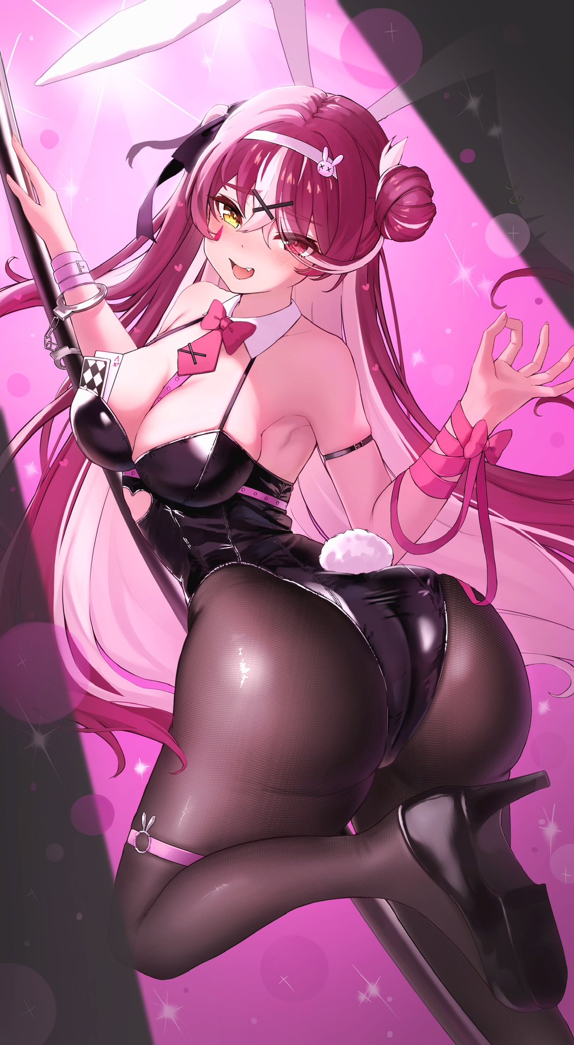 1girls ass big_ass big_butt big_hips bottom_heavy bunny_ears bunny_tail bunnysuit cleavage dat_ass dumptruck_ass female handcuffed_to_pole handcuffs headband heels heterochromia hololive hololive_japan houshou_marine huge_ass huge_butt large_breasts long_hair pantyhose pole rabbit_hole_(vocaloid) red_hair ribbon solo stripper_pole thick_ass thick_thighs thigh_strap virtual_youtuber wide_hips yu_kitegami