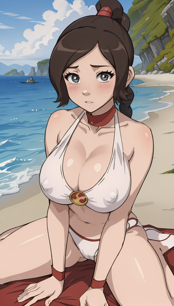 1girls ai_generated aindroidparanoid avatar_legends avatar_the_last_airbender beach blush brown_hair collar covered_nipples curvy fear female fire_nation gray_eyes huge_breasts insecure nonbender ponytail sitting stable_diffusion surprised ty_lee white_bikini worried