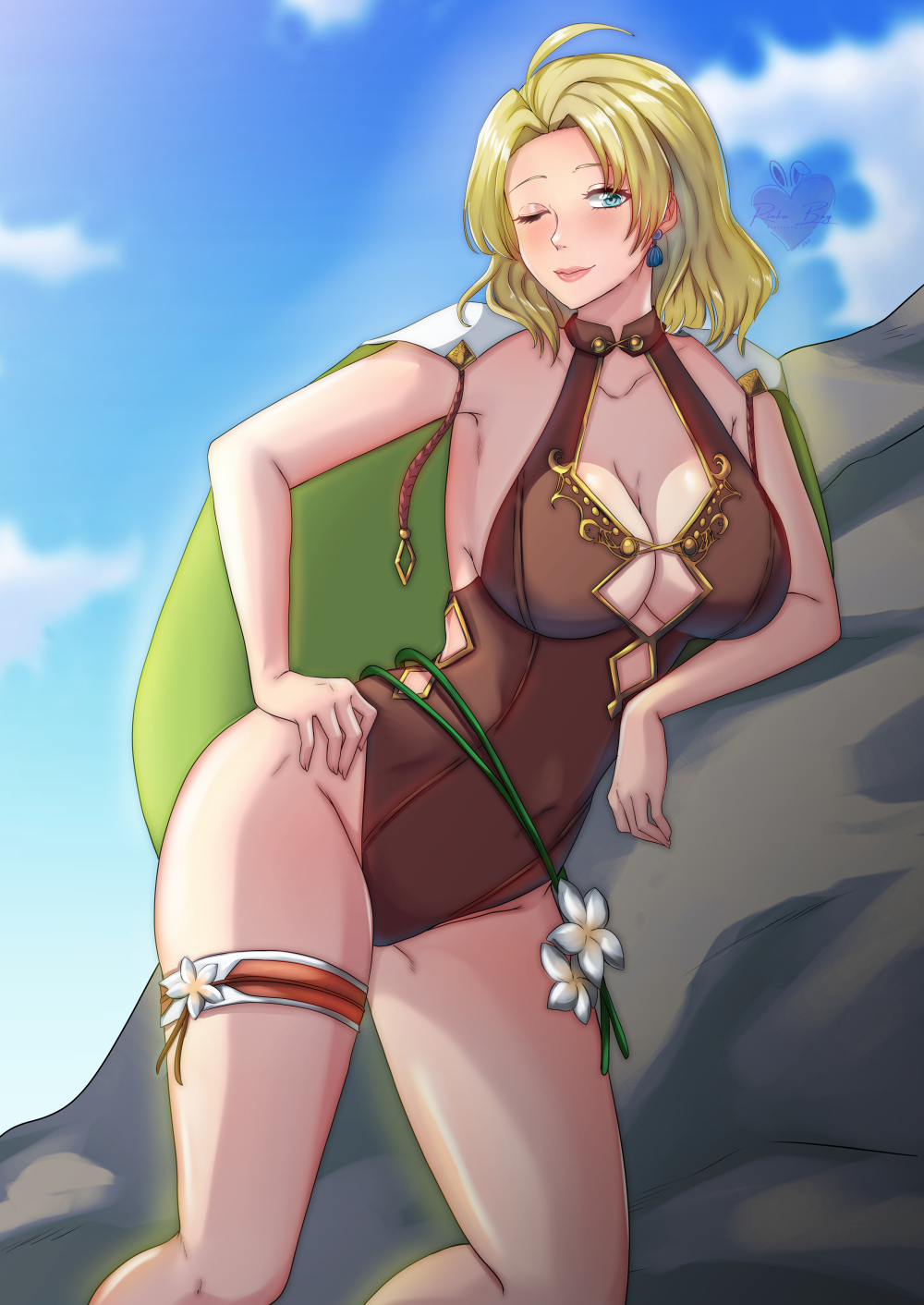 1girls ;) alternate_costume blonde_hair blue_eyes breasts brown_one-piece_swimsuit brown_swimsuit cape cleavage closed_mouth collarbone commission earrings female female_only fire_emblem fire_emblem:_the_sacred_stones fire_emblem_heroes hand_on_own_hip highres jewelry large_breasts nintendo official_alternate_costume one-piece_swimsuit one_eye_closed rinku_bny selena_(fire_emblem:_the_sacred_stones) selena_(summer)_(fire_emblem:_the_sacred_stones) short_hair smile solo swimsuit