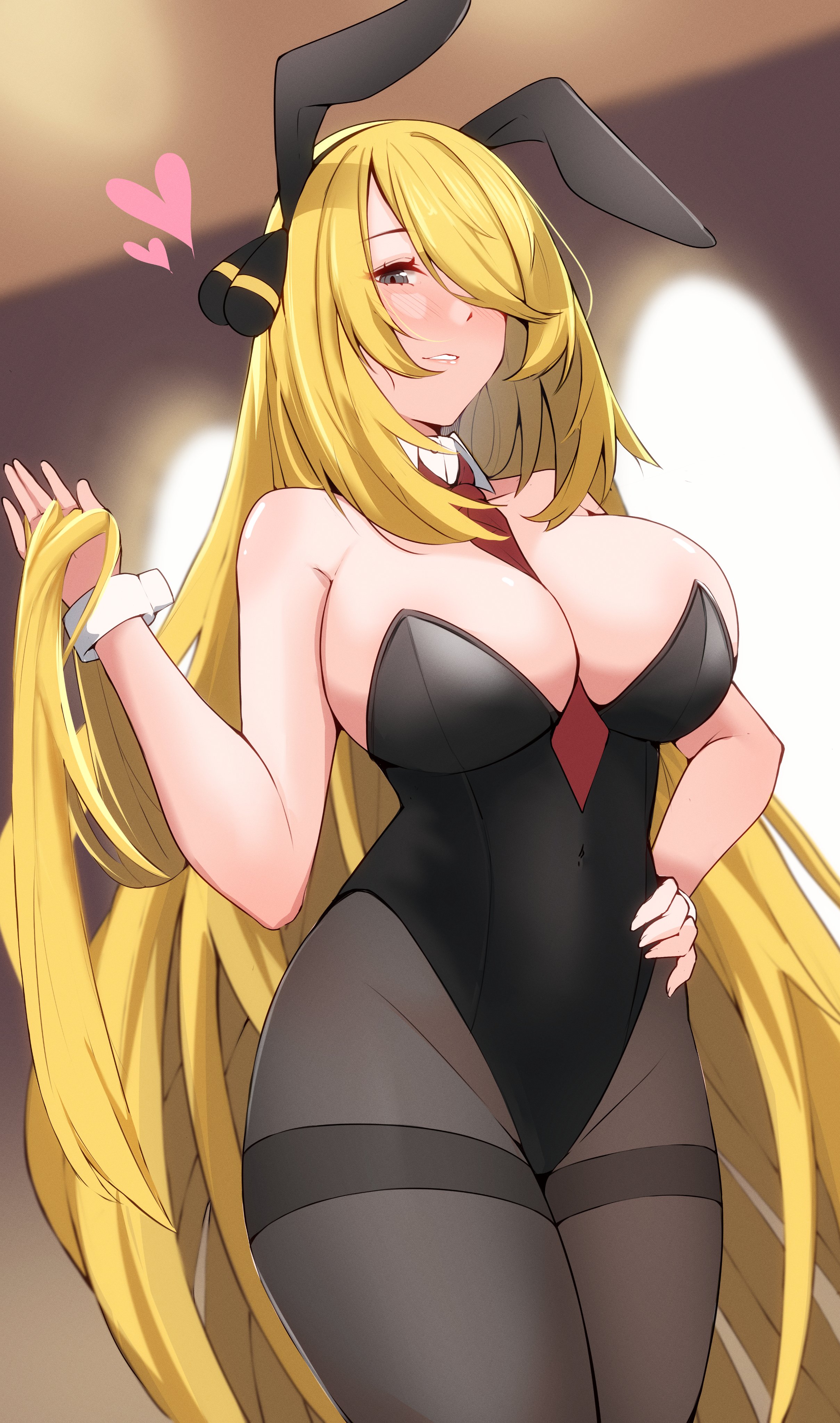 1girls, 2024, absurdres, alternate breast size, blonde hair, blush, breasts, bunny ears, bunny girl, bunnysuit, cleavage, cynthia (pokemon), fake animal ears, female, female only, hair ornament, hair over one eye, hand on hip, highres, huge breasts, leotard, light skin, light-skinned female, long hair, looking at viewer, maruneco, pantyhose, pokemon, pokemon dppt, solo, strapless leotard, thick thighs, thighband pantyhose, thighs, tie, wrist cuffs