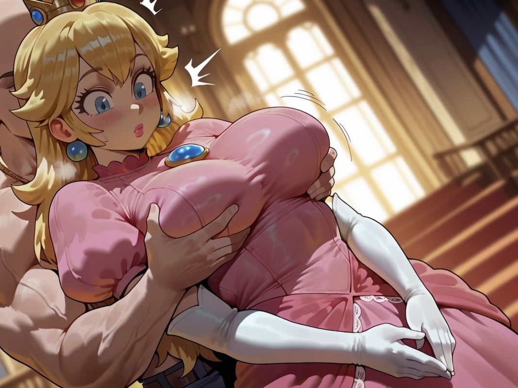 1boy, 1girls, ai generated, ballroom, blonde female, blonde hair, blue eyes, blush, breasts, civitai, crown, dug-lith-pls, earings, elbow gloves, female, groping, groping breasts, groping from behind, light skin, light-skinned male, long hair, looking down, looking down at breasts, male, mario (series), muscular, muscular male, nintendo, pendant, pink dress, princess peach, super mario bros., tagme, tiara