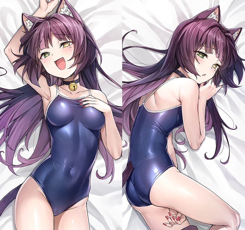 1girls animal_ear_fluff animal_ears bare_shoulders bell blue_mizugi breasts cat_ears character_request collarbone comiket_104 covered_navel dakimakura_(medium) dokusen_yoku_ga_tsuyo_sugiru_yandere_petto_neko-chan female female_focus female_only green_eyes hand_on_own_chest heterochromia jingle_bell koyuki_(kotatsu358) looking_at_viewer lying medium_breasts mizugi mole mole_under_eye multiple_views nail_polish neck_bell oerba_yun_fang one-piece_swimsuit open_mouth school_swimsuit swimsuit tail yellow_eyes