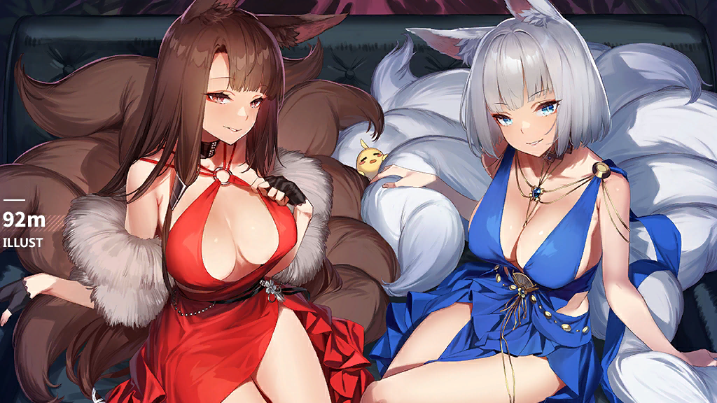 2girls akagi_(azur_lane) akagi_(ruby-laced_beauty)_(azur_lane) alcohol animal_ear_fluff animal_ears anniversary azur_lane bare_shoulders black_gloves blue_dress blue_eyes blue_gemstone breasts brown_hair brown_tail champagne champagne_flute cleavage cocktail_dress cup dress drinking_glass english_text evening_gown feather_boa feet_out_of_frame fingerless_gloves fox_ears fox_girl fox_tails gem gloves halter_dress halterneck highres huge_breasts kaga_(azur_lane) kaga_(exalted_white_wings)_(azur_lane) kitsune kyuubi large_tail light-skinned_female light_skin long_hair looking_at_viewer multiple_girls multiple_tails o-ring_dress official_alternate_costume red_dress red_eyes sakura_empire_(azur_lane) short_hair sleeveless tail very_long_hair white_hair white_tail