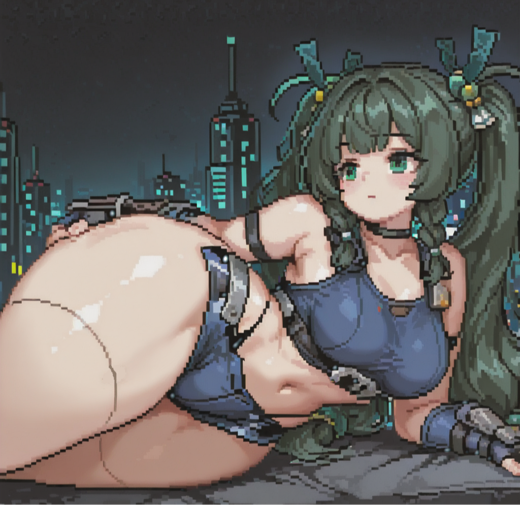 ai_generated android city city_background cityscape crop_top fingerless_gloves green_eyes green_hair hand_on_thigh hoyoverse long_hair looking_away lying_on_side navel night pixel_art pixelated police police_uniform qingyi_(zenless_zone_zero) robot saiyunnart shorts thong waiting zenless_zone_zero