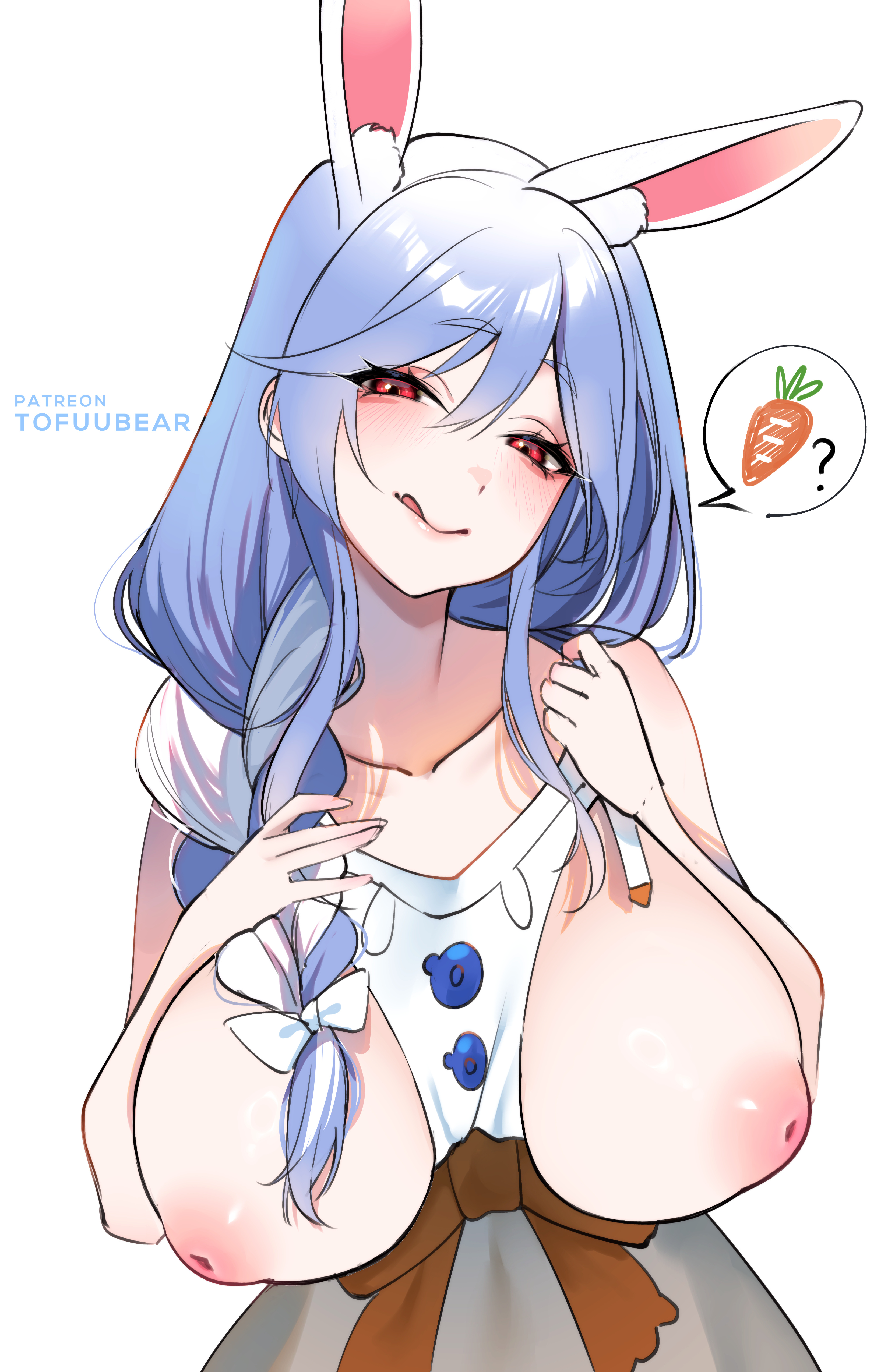 animal ears, apron, blue hair, breasts, bunny ears, female, hololive, kemonomimi, nipples, pekomama, tofuubear, virtual youtuber