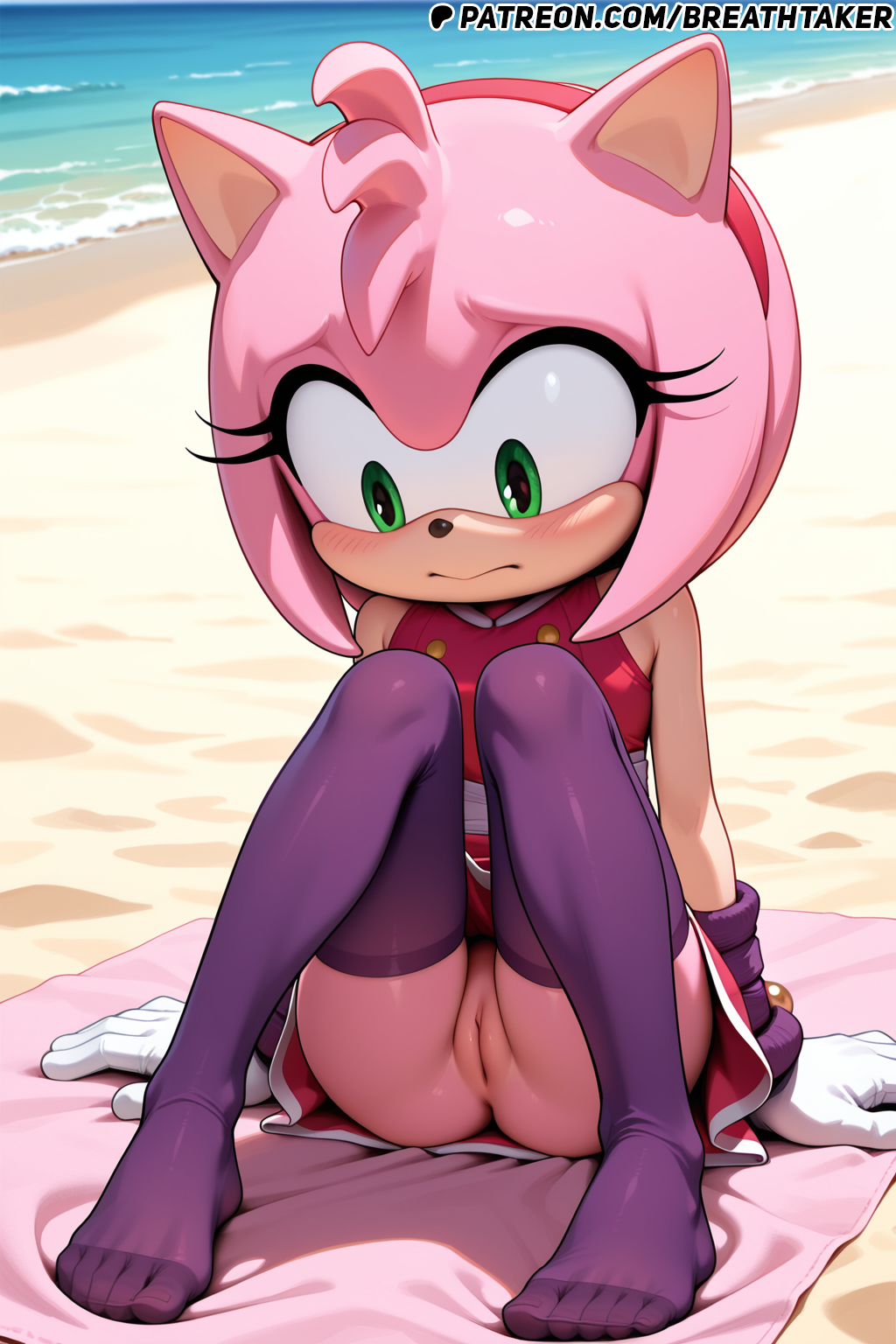 ai_generated amy_rose amy_rose_(boom) anus ass beach beach_towel breathtaker dress embarrassed green_eyes hi_res knees_together knees_together_feet_apart knees_up looking_down on_towel pink_fur pussy sea seashore seaside shy sitting sitting_on_towel sonic_(series) sonic_the_hedgehog_(series) stockings towel