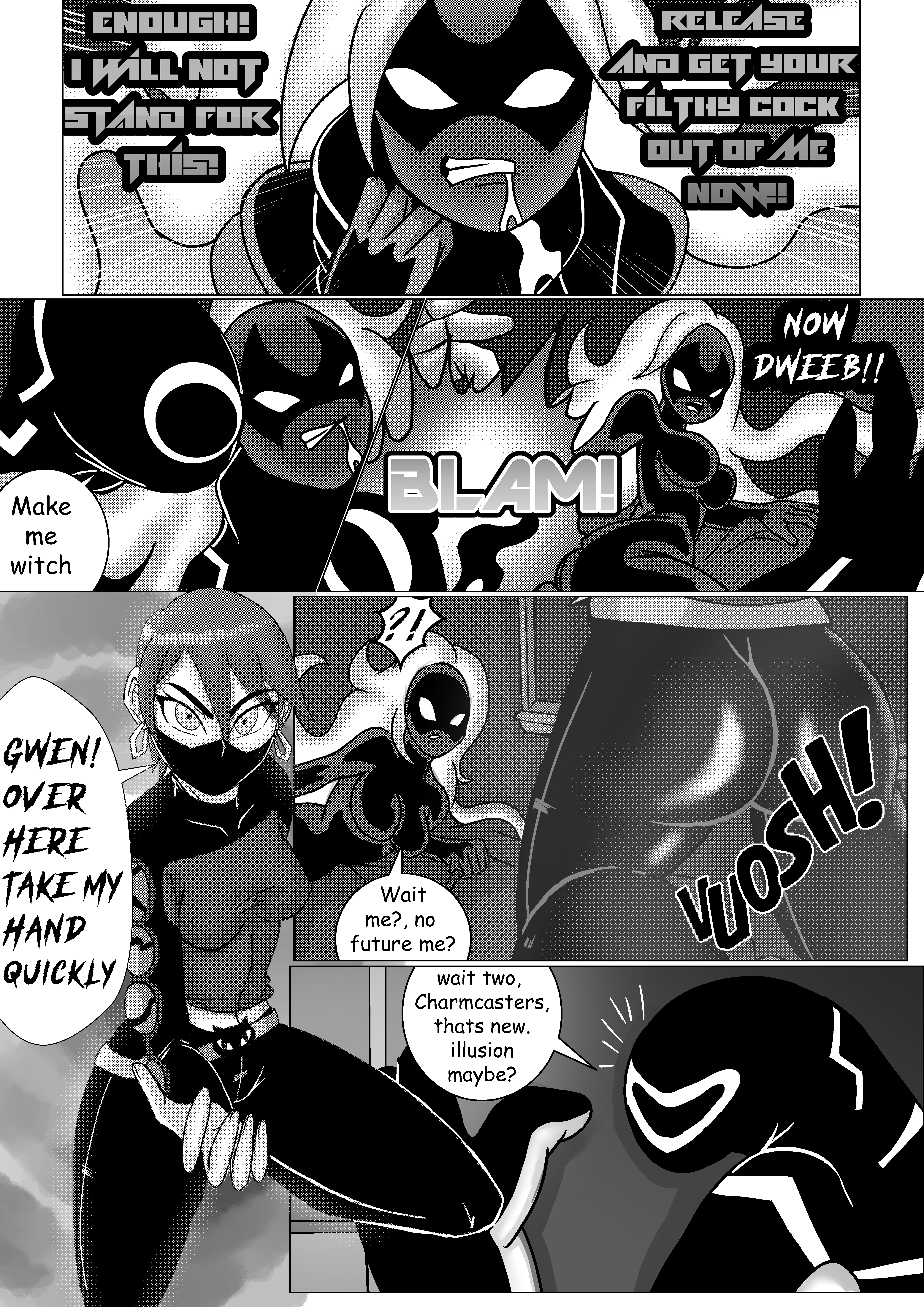 alien, anodite, bed, ben 10, ben 10 (classic), ben tennyson, ben tennyson (classic), cartoon network, comic, darkfang100, drool, english text, female, forced, future gwen, future gwen (ben 10,000), galvanic mechamorph, green eyes, gwen tennyson, incest, long sleeves, male, male on female, manga, manga page, manga style, mask, monochrome, orange hair, pinned down, portal, text, tights, upgrade (ben 10)