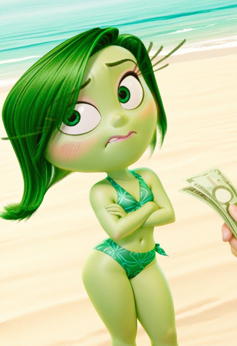 1boy 1girls ai_generated background beach bikini blush civitai d3rmal disgust_(inside_out) disney green_bikini green_eyes inside_out nervous offering_money pixar sand thinking water