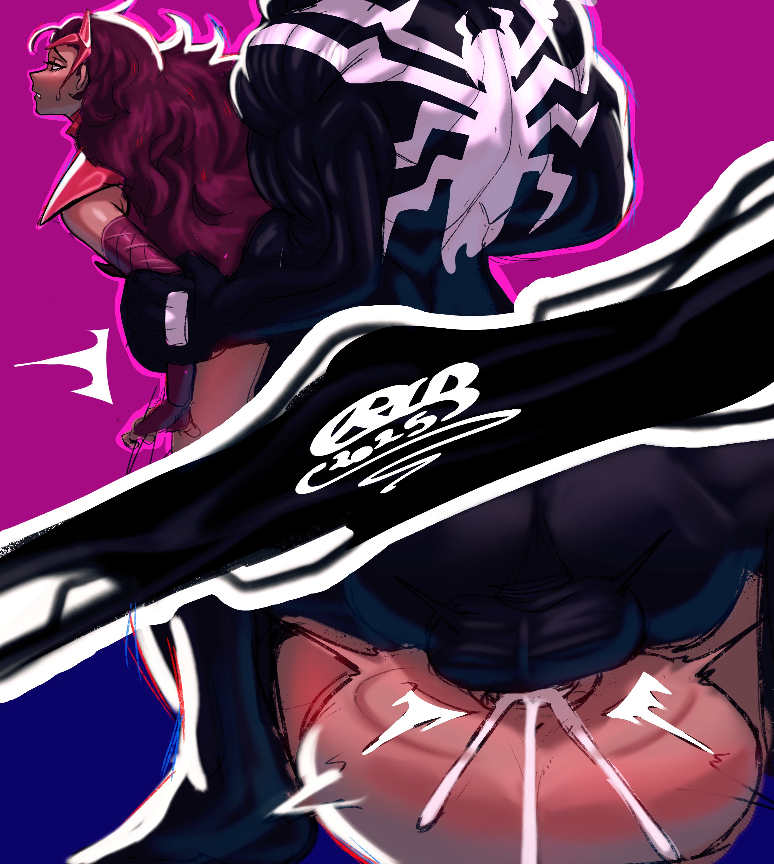 1boy, black body, cumming, female, from behind, male, male on female, marvel, marvel comics, marvel rivals, mating press, scarlet witch, scarlet witch (marvel rivals), spider-man (series), venom (marvel rivals), venom (marvel), vertacularrld, wanda maximoff
