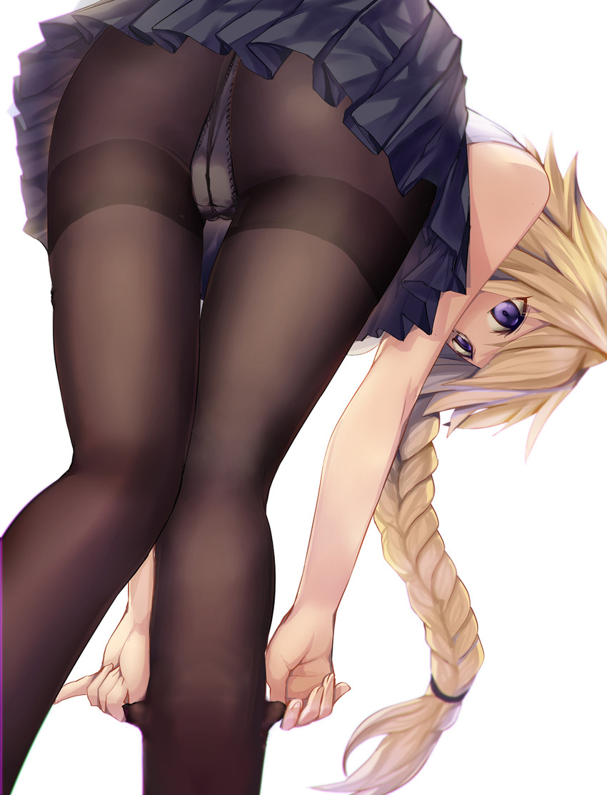 adjusting_clothes ass bangs bent_over black_legwear black_skirt blonde_hair braid commentary_request crotch_seam dressing fate/apocrypha fate_(series) female from_behind highres jeanne_d'arc_(fate) jeanne_d'arc_(fate)_(all) kneepits long_hair looking_back panties panties_under_pantyhose pantyhose pantyhose_pull pleated_skirt purple_eyes satou_daiji simple_background single_braid skirt sleeveless solo standing thighband_pantyhose thighs tsurime underwear upskirt very_long_hair white_background white_panties