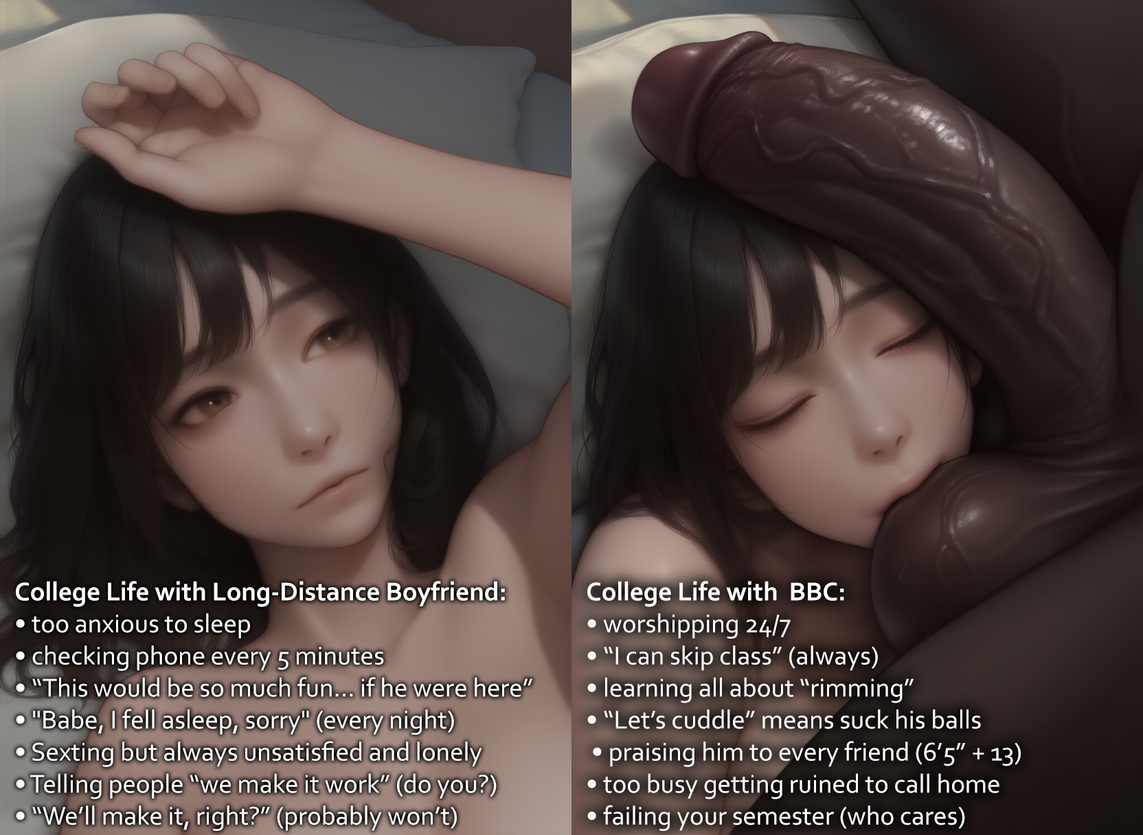 1boy, 1girls, ai generated, asian female, balls, ballsack, black male asian female, caption, cheating, cheating girlfriend, cock worship, college, dark skin, dark-skinned male, female, interracial, lying on bed, male, penis, penis on face, penis worship, size difference, sucking balls, text, text box, text focus, veiny penis