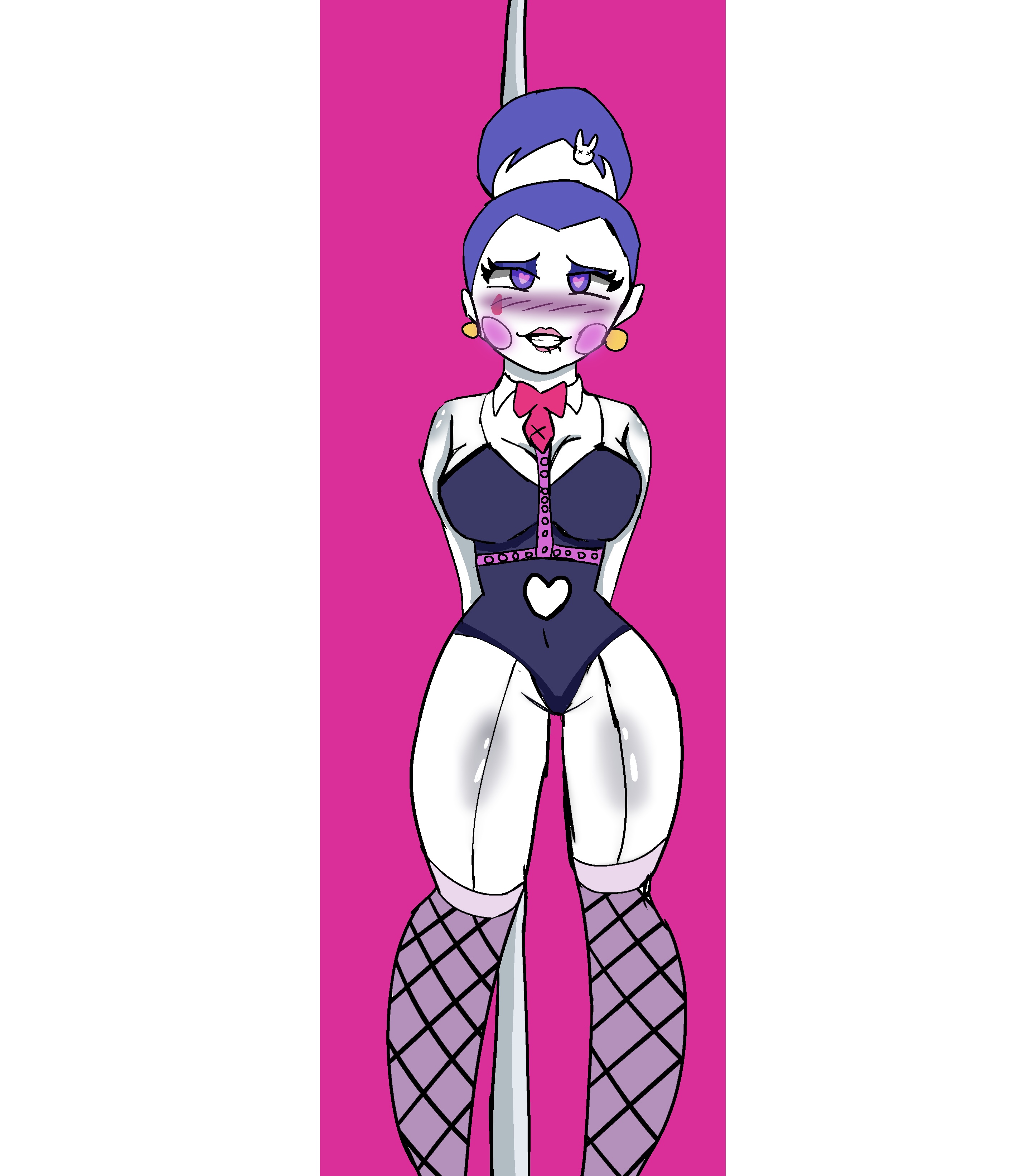 1girls, ballora, ballora (fnafsl), biting lip, blue hair, blush, clothed, clothing, female, fishnet legwear, fishnets, five nights at freddy's, five nights at freddy's: sister location, heart-shaped pupils, horny, hourglass figure, lipstick, meme reference, pale skin, pearl earrings, pole, purple eyes, rabbit hole (cosplay), simple background, solo, solo female, stripper pole, suit