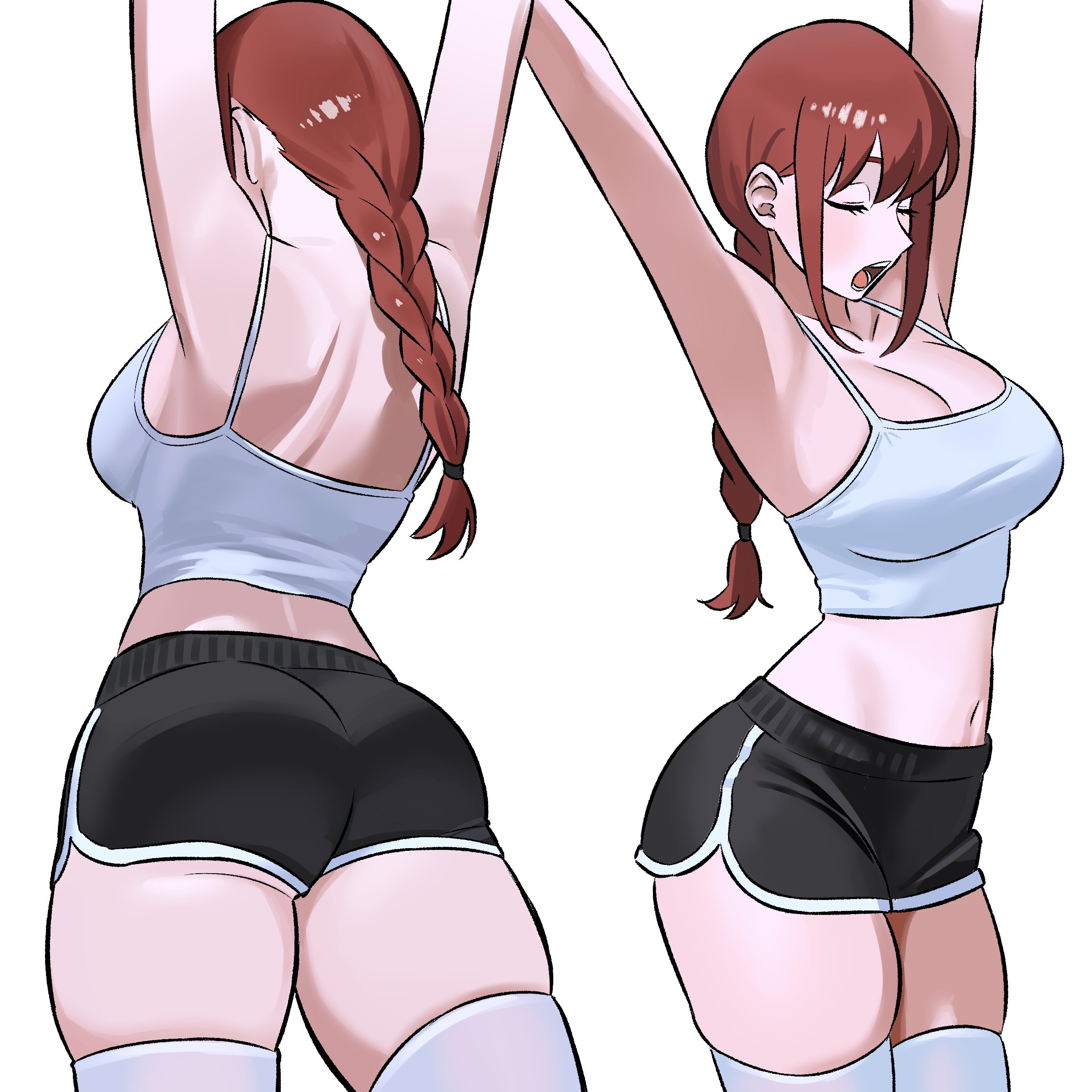 1girls, 2d, arms up, ass, big ass, big breasts, bottom heavy, breasts, chainsaw man, cleavage, clothing, crop top, dolphin shorts, eyes closed, female, female only, large breasts, legwear, makima (chainsaw man), red hair, shorts, solo, stretching, thick thighs, thighhighs, white background, wide hips, yawn, zeon (zzeeonn)