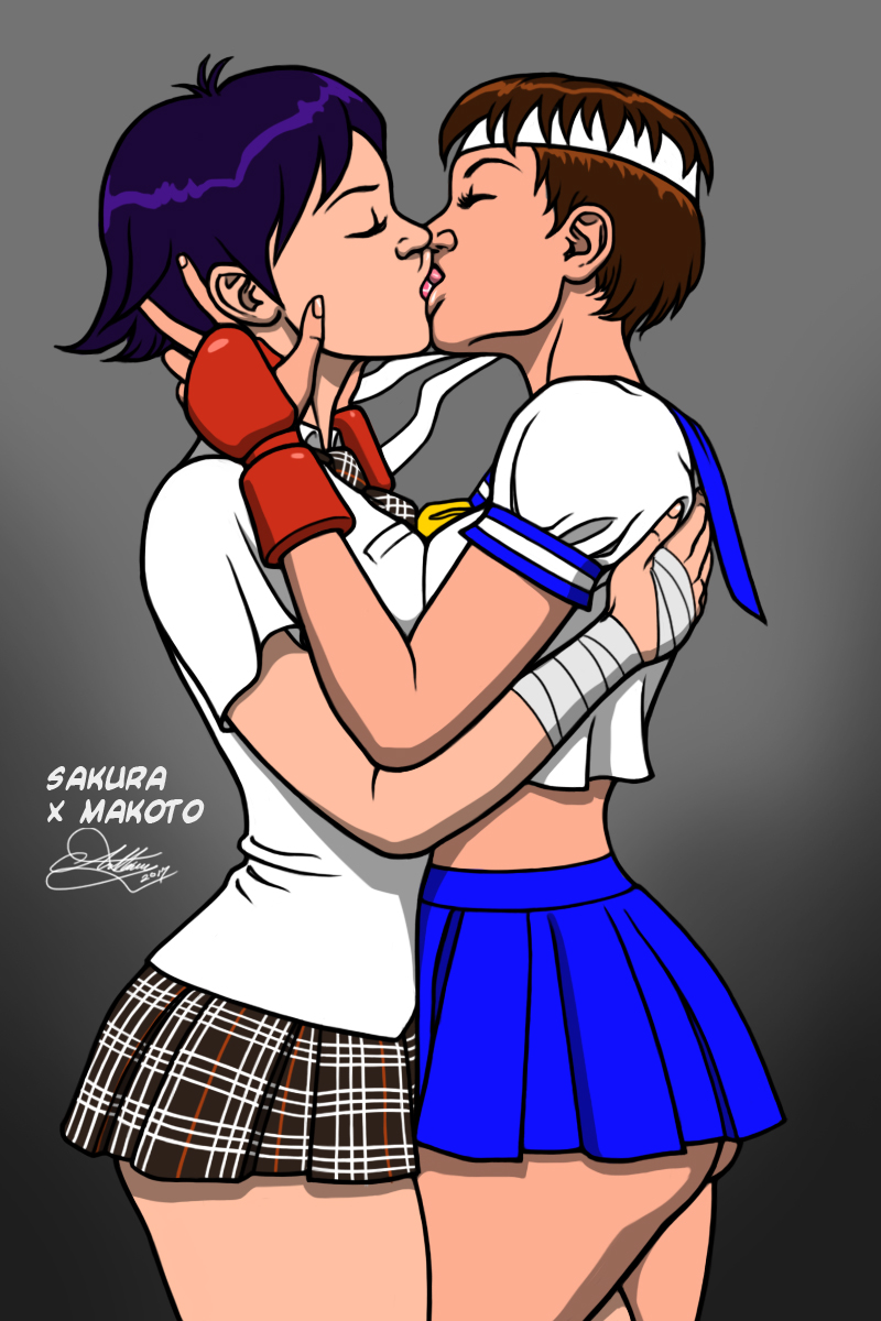 capcom french_kiss japanese_school_uniform kaywest kissing makoto_(street_fighter) sakura_kasugano street_fighter tongue_kiss