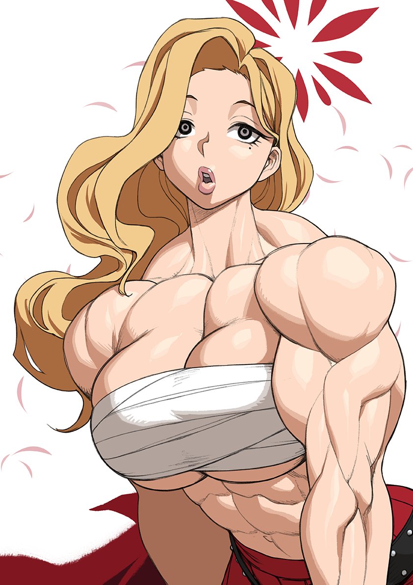 abs akemi_(blue_archive) blonde_hair blue_archive cleavage gray_eyes large_breasts lips muscular muscular_female pokkuti sarashi underboob wavy_hair