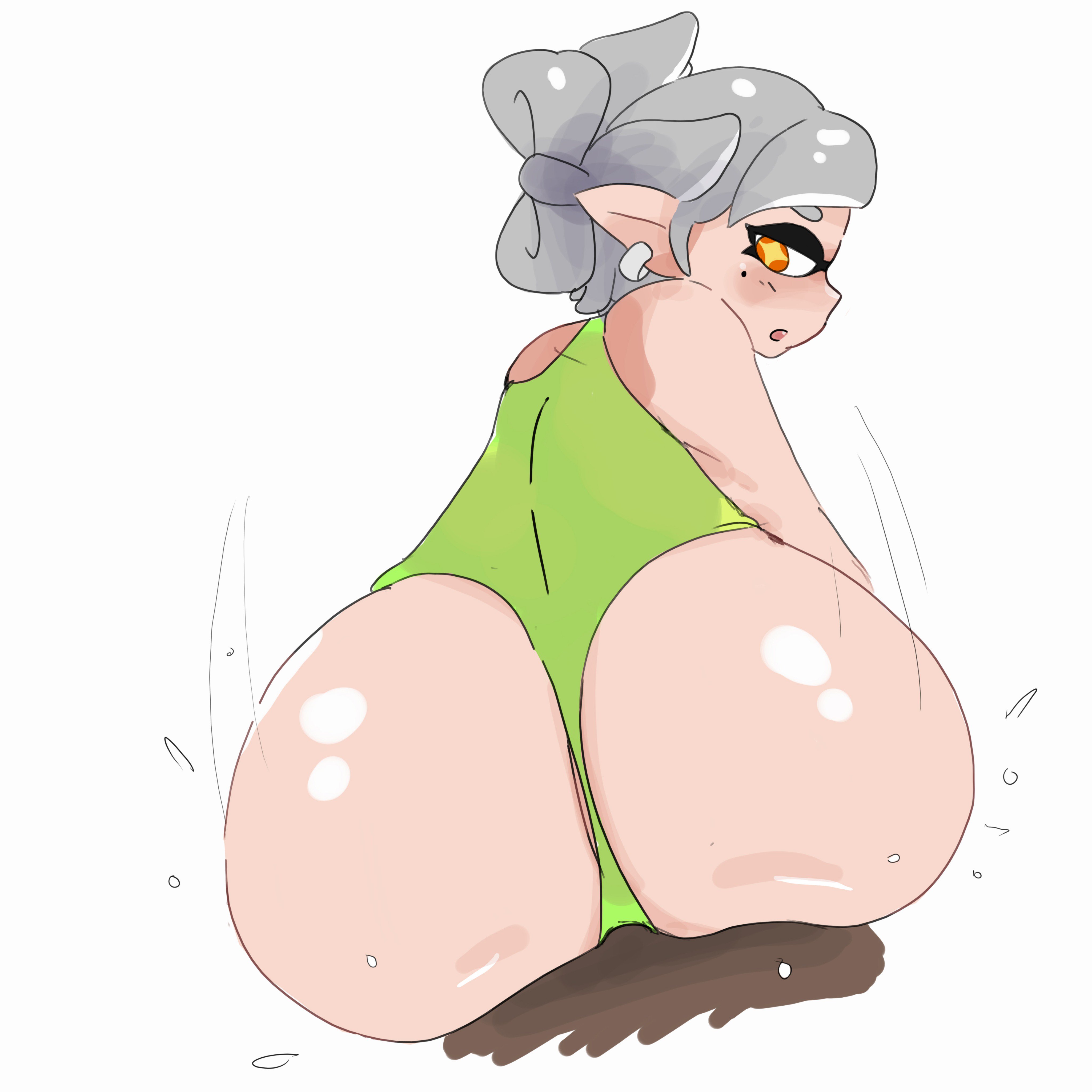 + +, 1boy, 2019, absurdres, ass, bare shoulders, blush, cephalopod, cephalopod humanoid, dark skin, dark-skinned male, domino mask, earring, earrings, female, from behind, green leotard, grey hair, half-closed eyes, highres, huge ass, interracial, jewelry, leotard, looking back, male, marie (splatoon), mask, mole, mole under eye, motion lines, nintendo, nose blush, open mouth, orange eyes, pointy ears, sex, shiny, shiny hair, shiny skin, short hair, simple background, solo focus, splatoon, squid sisters, straight, tanuk kun, tentacle, tentacle hair, tied hair, unusual anatomy, unusual eyes, unusual pupils, white background, yellow eyes, yellow pupils