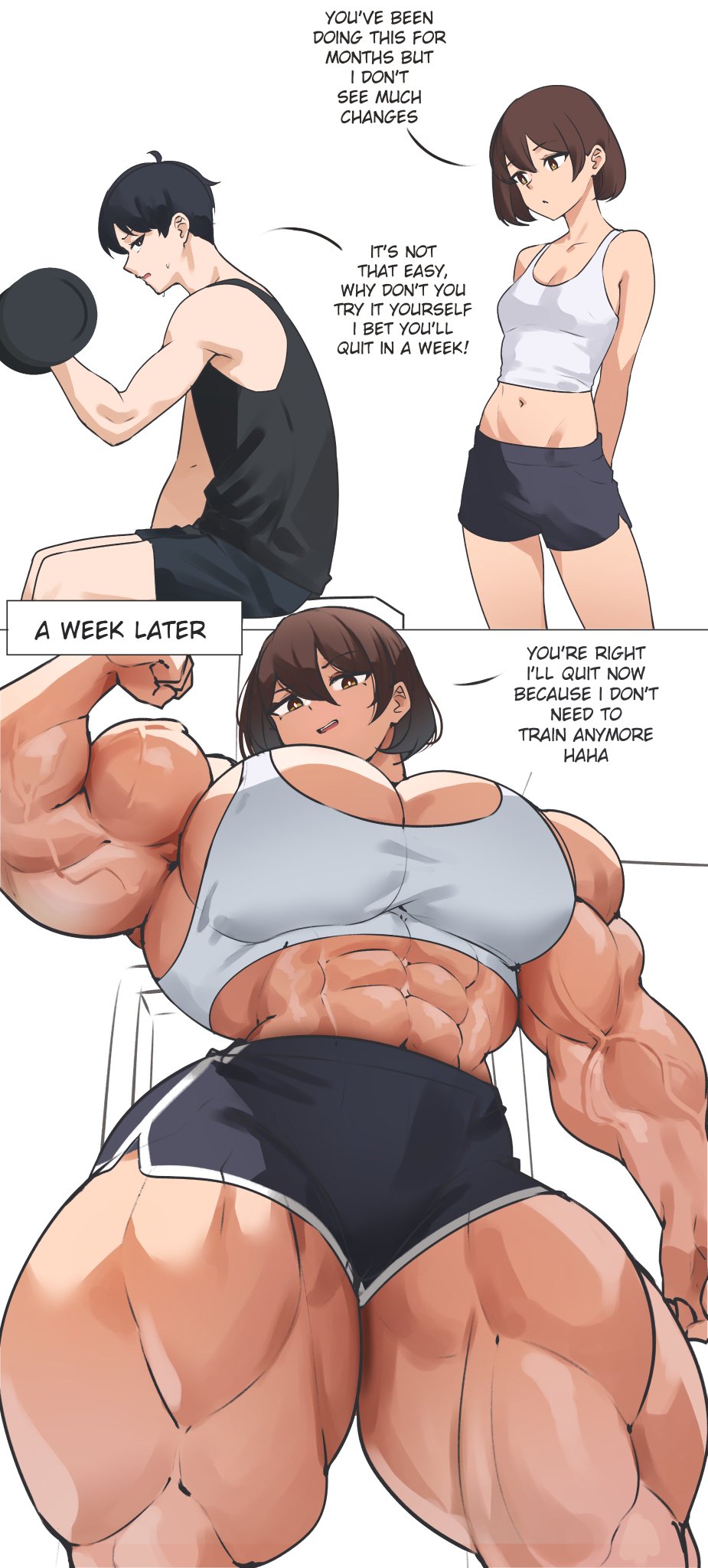 bigger_female body_growth humiliation musctonk muscular_female size_difference smug text