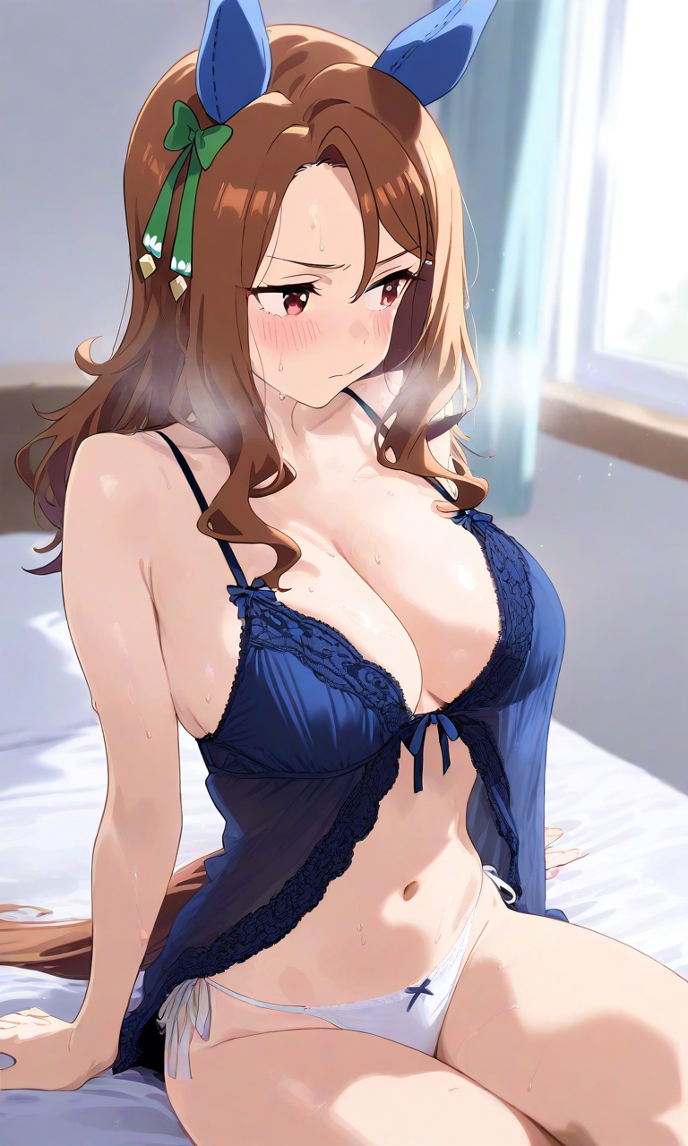 ai_generated animal_ears bed belly brown_hair female horse_girl king_halo_(umamusume) looking_away_from_viewer negligee red_eyes ribbon umamusume umamusume_pretty_derby underboob