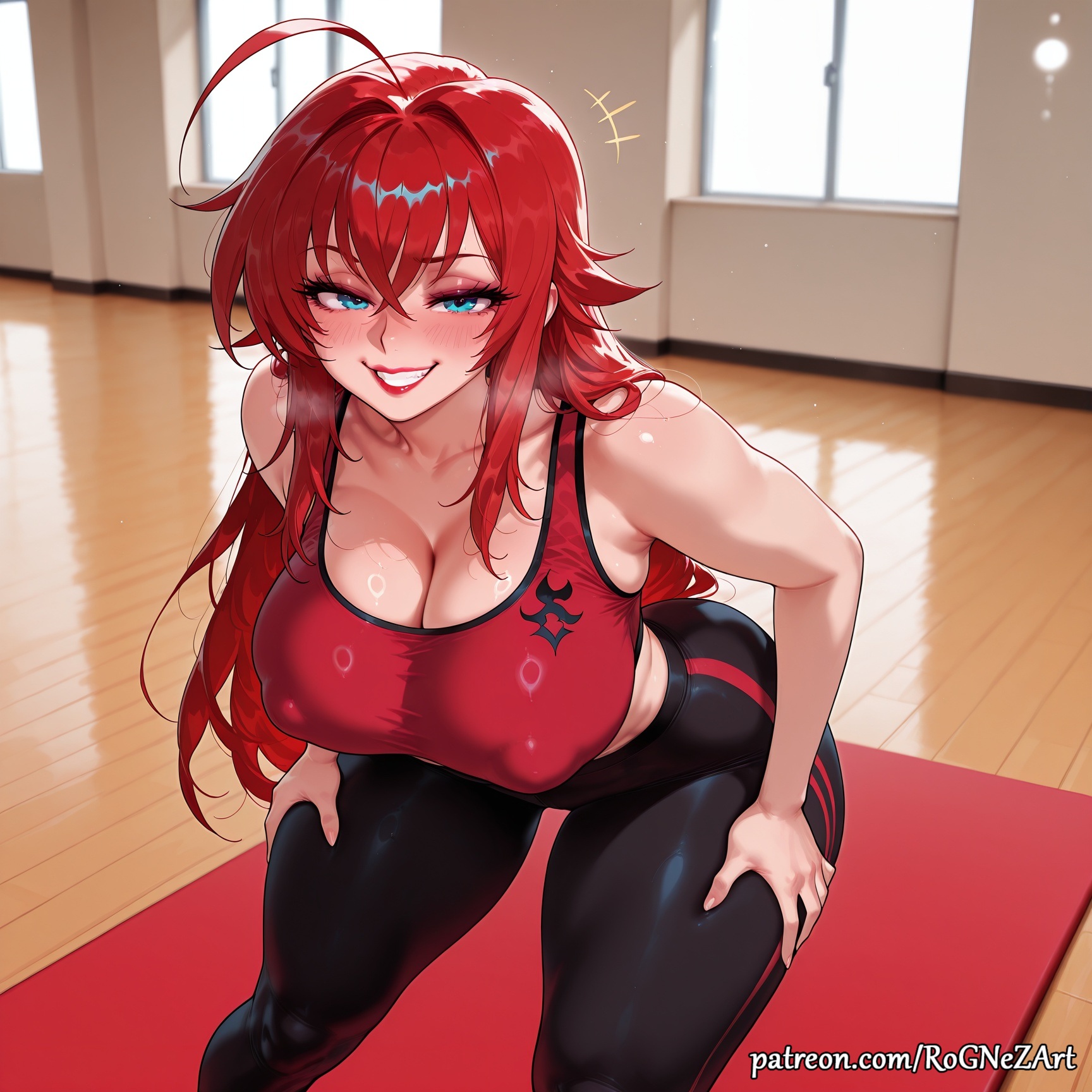2026, ahoge, ai generated, anime, bangs, bare shoulders, black pants, blue eyes, blush, breasts, cleavage, collarbone, covered nipples, crossover, eye contact, female, female focus, female only, flushed, grin, hair between eyes, high school dxd, highres, huge breasts, indoors, inside, large breasts, long hair, looking at viewer, nsfw, pants, patreon, patreon username, red hair, rias gremory, rognezart, smile, smiling, solo, sports bra, sweat, sweaty, thick thighs, thighs, very long hair, window, wooden floor, yoga pants