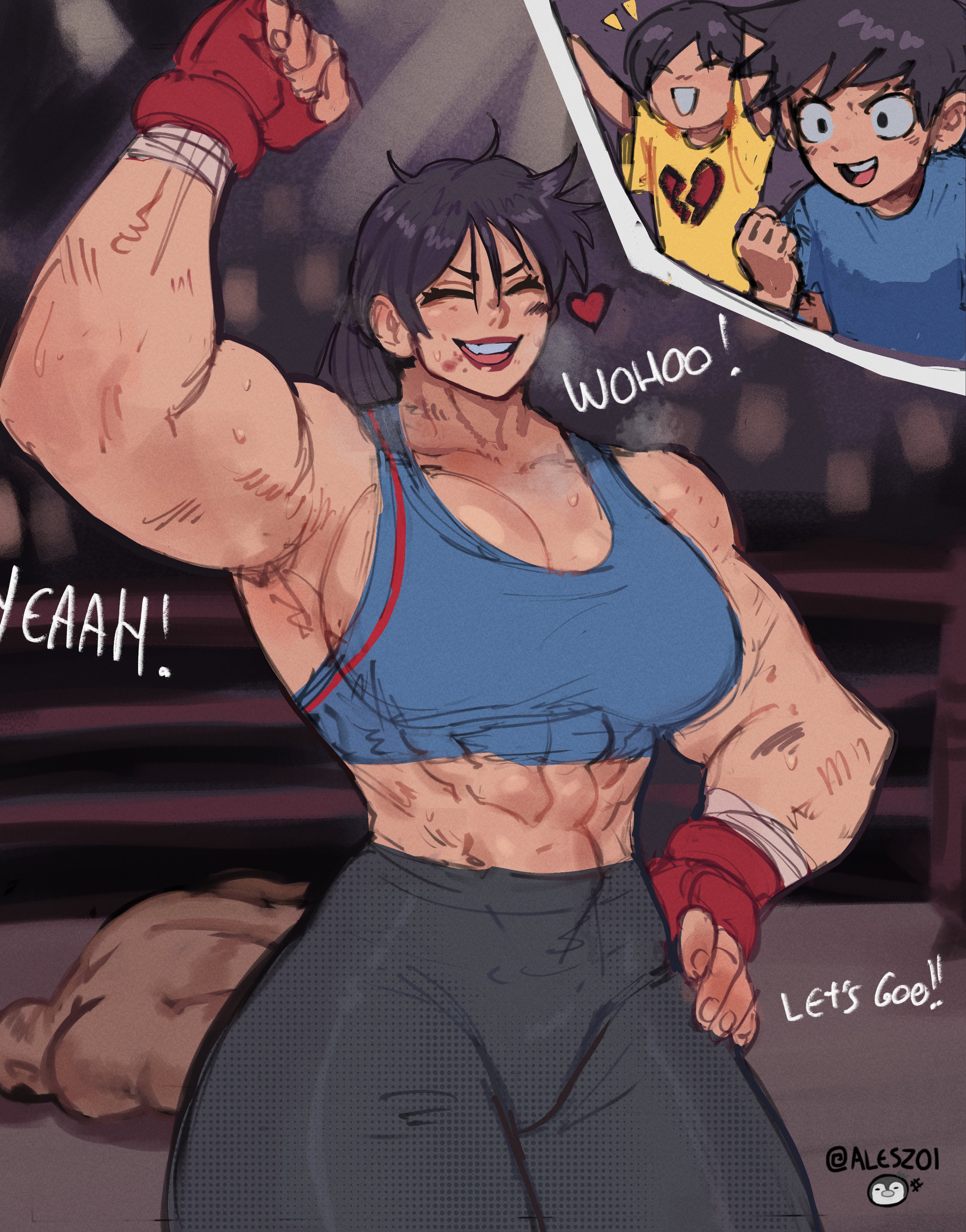 al3s, alesz01, background, biceps, black hair, boxing, boxing ring, cheering, clothed, cute, female, knocked out, mole under mouth, mother, muscular, muscular female, smile, smiling, tagme, thick thighs, wholesome, wrestling ring