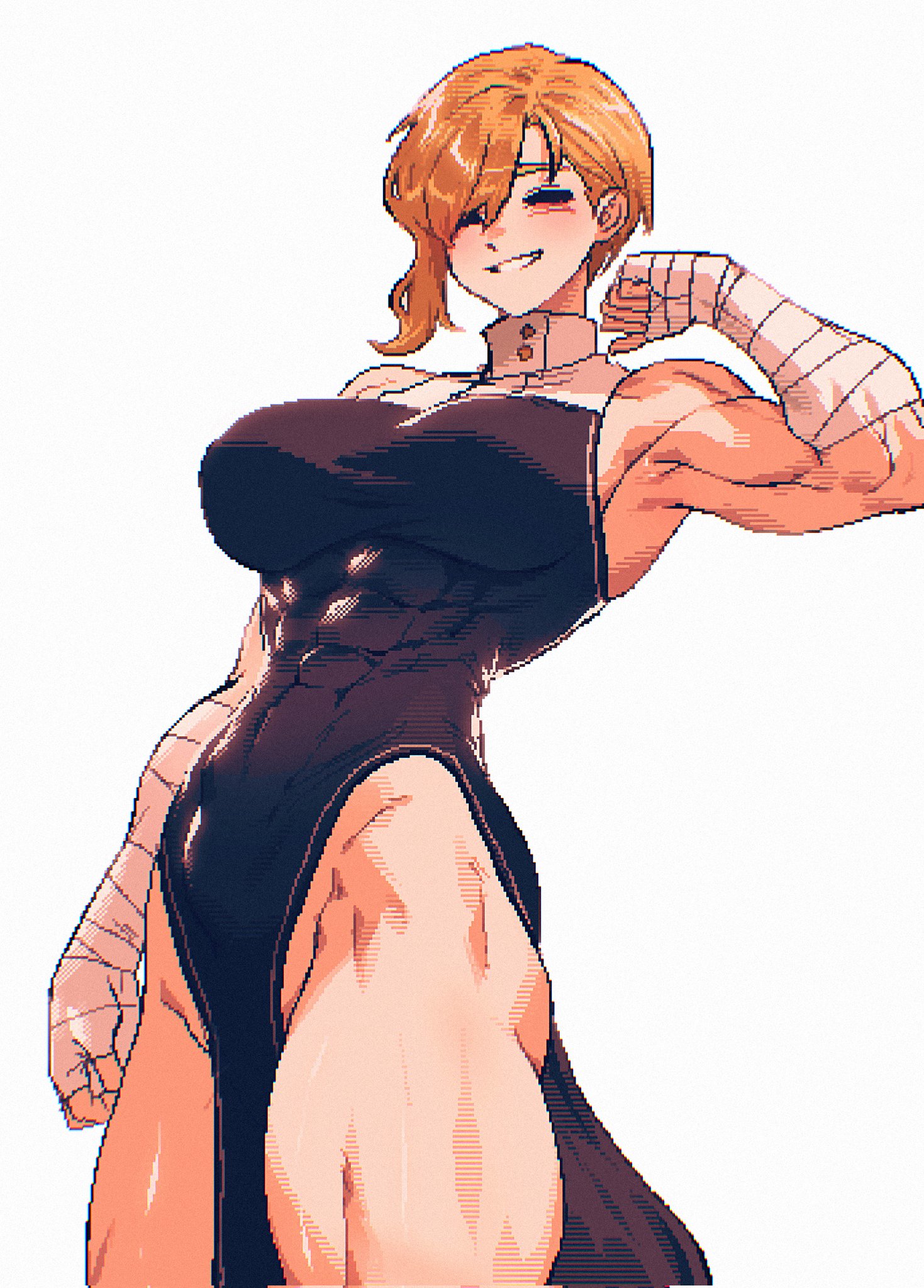 abs, arm wrap, bell (spoiledmuffin), biceps, blonde hair, blush, breasts, closed eyes, collar, covered abs, deltoids, female, highres, jaggy lines, large breasts, muscular, muscular female, nun, original, simple background, smile, solo, spoiledmuffin, teeth, thick thighs, thighs, triceps, white background