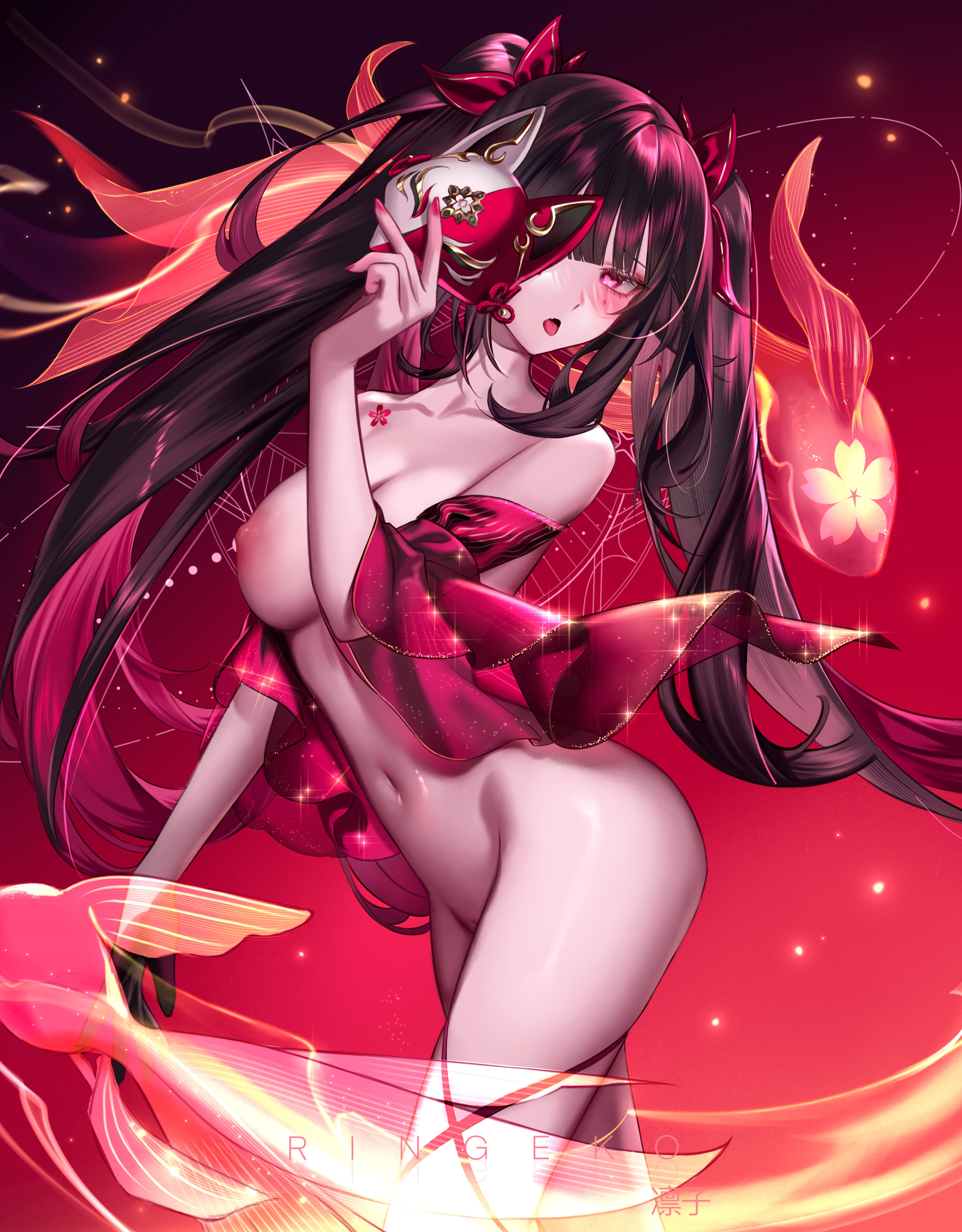 black hair, breasts, female, honkai (series), honkai: star rail, nipples, nude, red eyes, ringeko chan, sparkle (honkai: star rail)