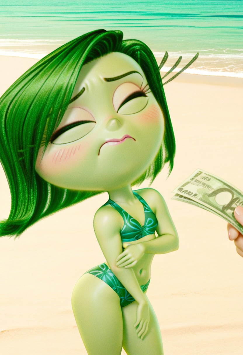 1boy 1girls ai_generated bikini blush civitai closed_eyes d3rmal disney green_hair inside_out inside_out_2 offering_money pixar resisting thinking