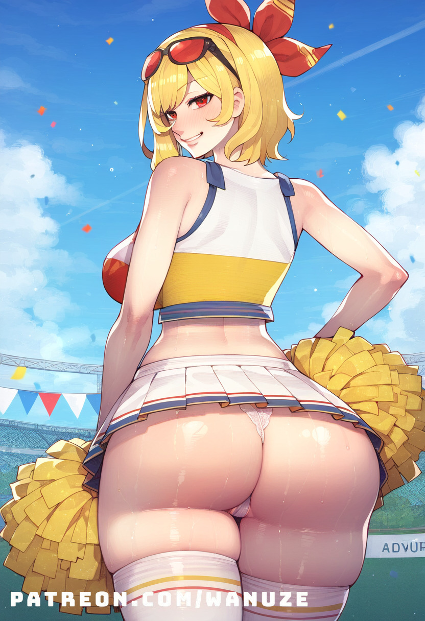 ai_generated big_ass big_breasts big_butt big_thighs blush bow cheerleader crop_top from_behind from_behind_position glasses glasses_on_head hololive hololive_indonesia huge_ass huge_breasts huge_butt huge_thighs kaela_kovalskia pleated_skirt pom_poms red_eyes school wanuze white_panties white_thighhighs wide_hips yellow_hair