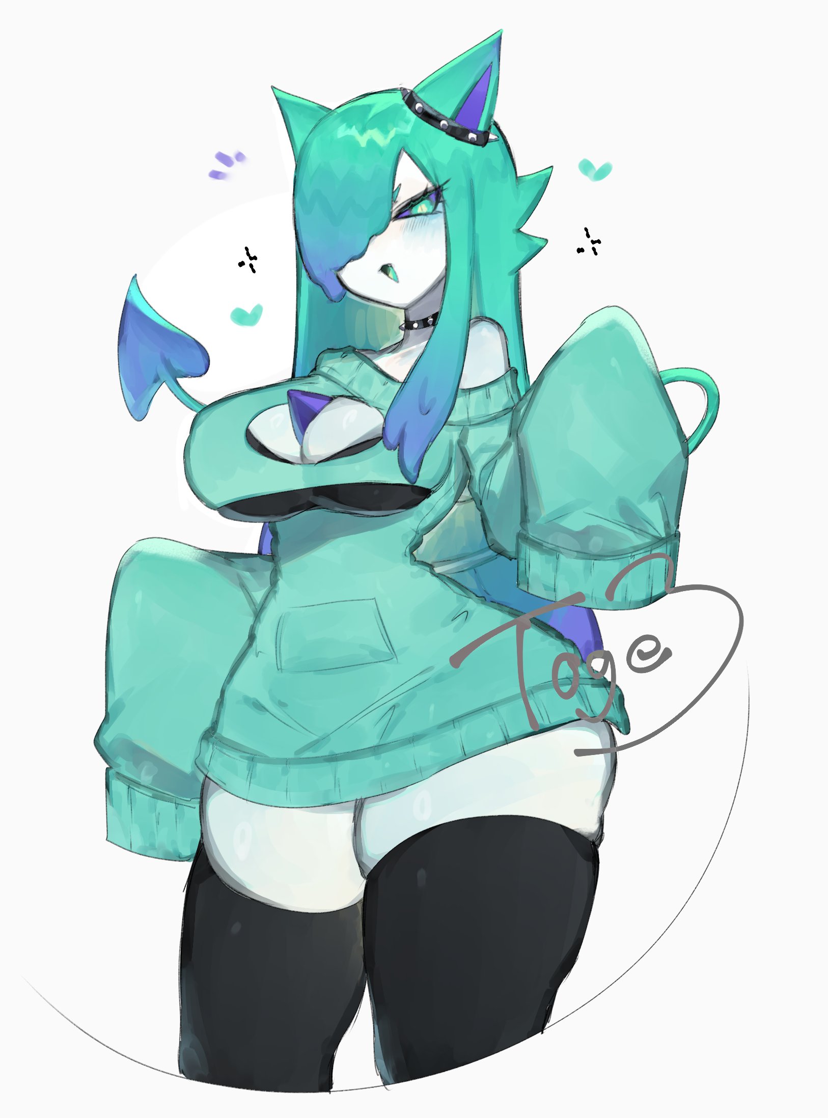 1girls, big breasts, black sclera, black thighhighs, blue highlights, blush, breasts, female, female only, green eyes, green hair, green sweater, hair over one eye, heart, hi res, humanoid, long hair, looking at viewer, original, original character, pointy ears, slit pupils, smiling, smiling at viewer, solo, sweater, tail, thick thighs, thigh squish, thighhighs, toge77789, togetoge, white background, wide hips, wide sleeves