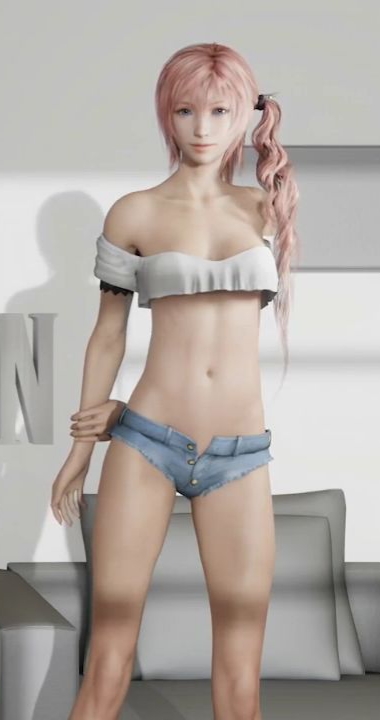 1girls 3d 3d_(artwork) blue_eyes clothed crop_top cropped female female_only final_fantasy final_fantasy_xiii lazyprocrastinator legs looking_at_viewer lowres midriff pink_hair pose serah_farron shorts solo square_enix standing unbuttoned_shorts