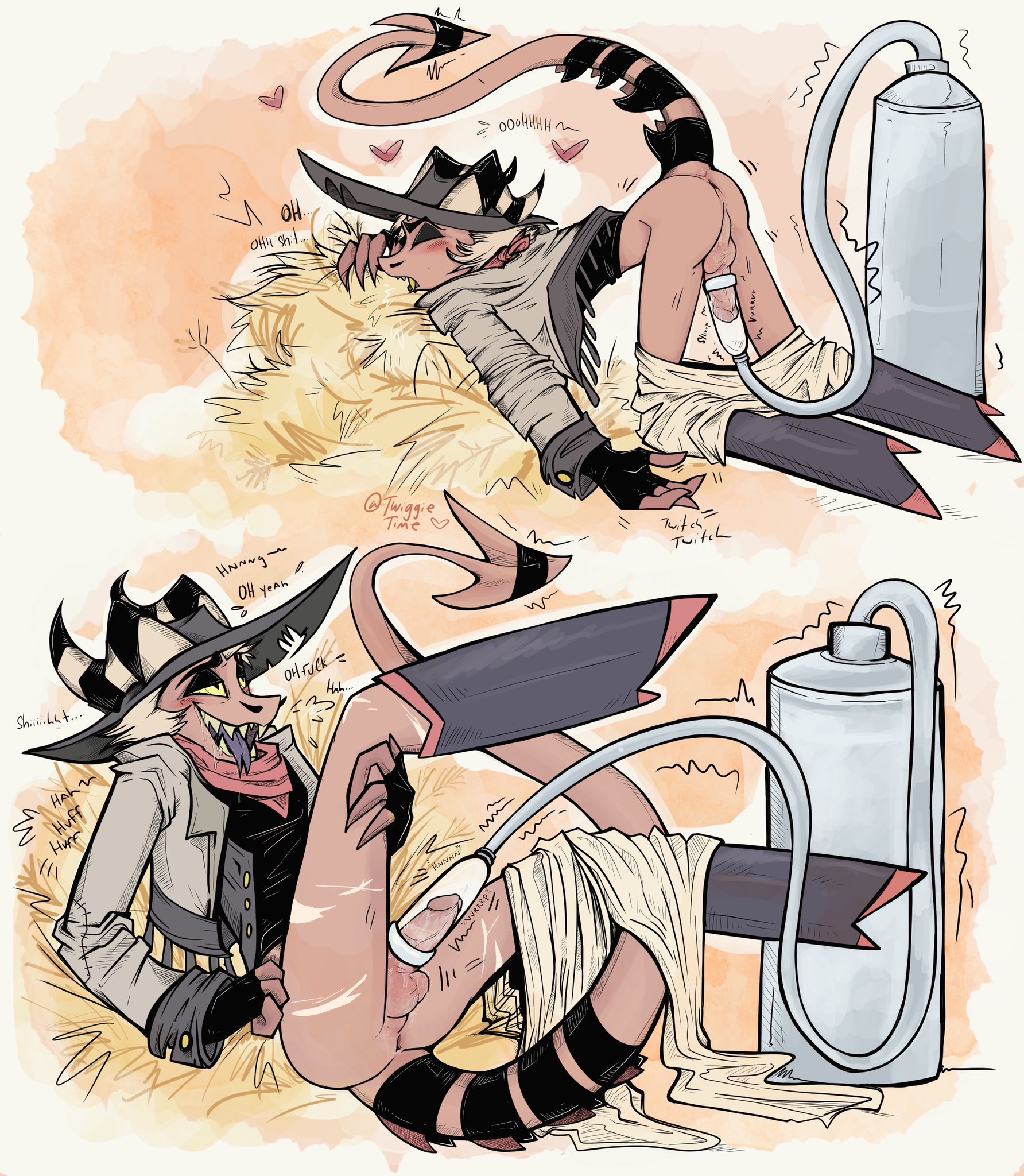 1boy, 2023, 2d, anus, ass, balls, ballsack, bandana, blush, blushing, clothing, color, cowboy hat, english text, erect penis, erection, genitals, hat, heart symbol, heels, helluva boss, horns, imp, male, male only, milking, milking machine, milking penis, penis, shoes, spiked tail, spikes, striker (helluva boss), suction, suction cup, suction device, tail, text, twiggietime, vivienne medrano, watermark