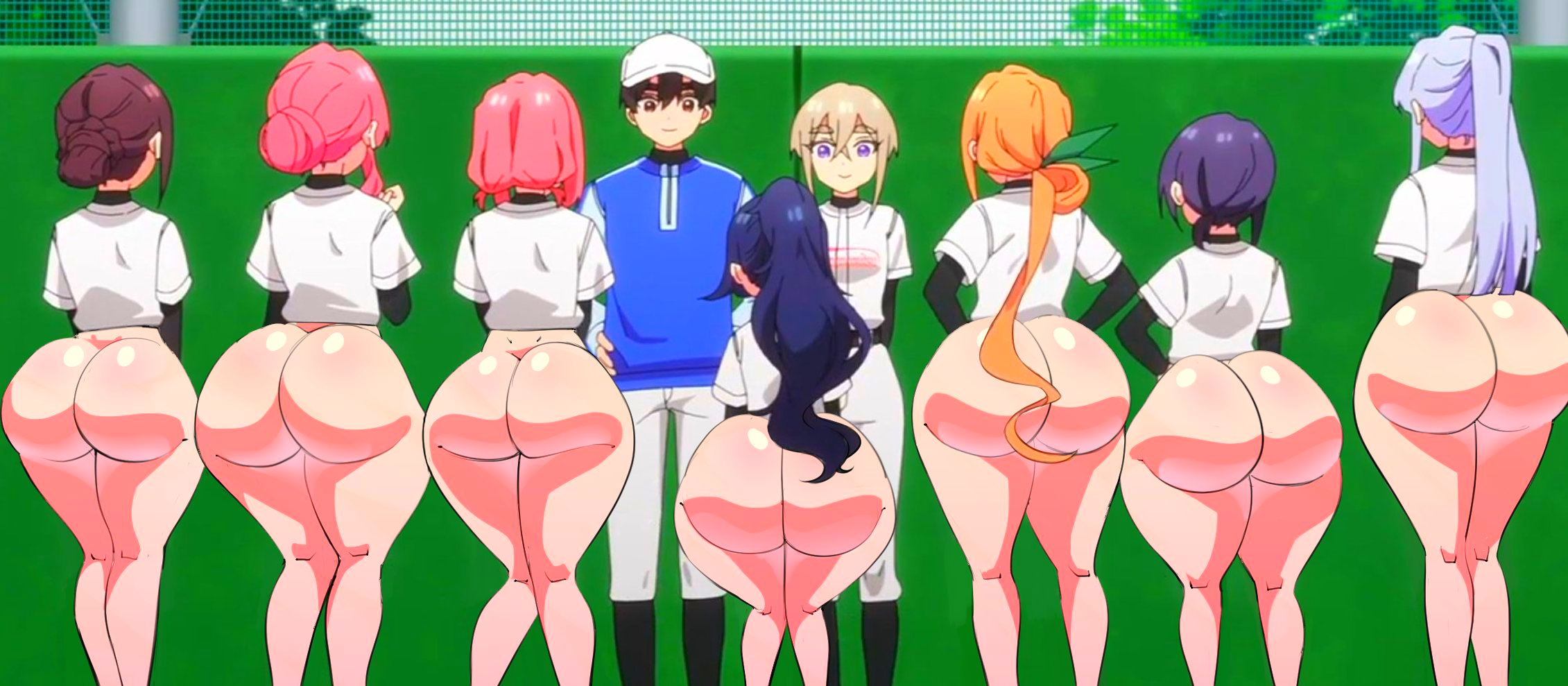 1boy, 7girls, aijou rentarou, ass, ass chart, ass focus, ass to ass, bare ass, baseball uniform, bell 1609, blue hair, bottomless, brown eyes, butt, butt focus, eiai nano, hanazono hahari, hanazono hakari, haraga kurumi, huge ass, inda karane, kimi no koto ga dai dai dai dai daisuki na 100-nin no kanojo, milf, mother and daughter, multiple girls, orange hair, pink hair, purple hair, reference image, screencap edit, screenshot edit, sole male, sutou iku, white hair, yoshimoto shizuka