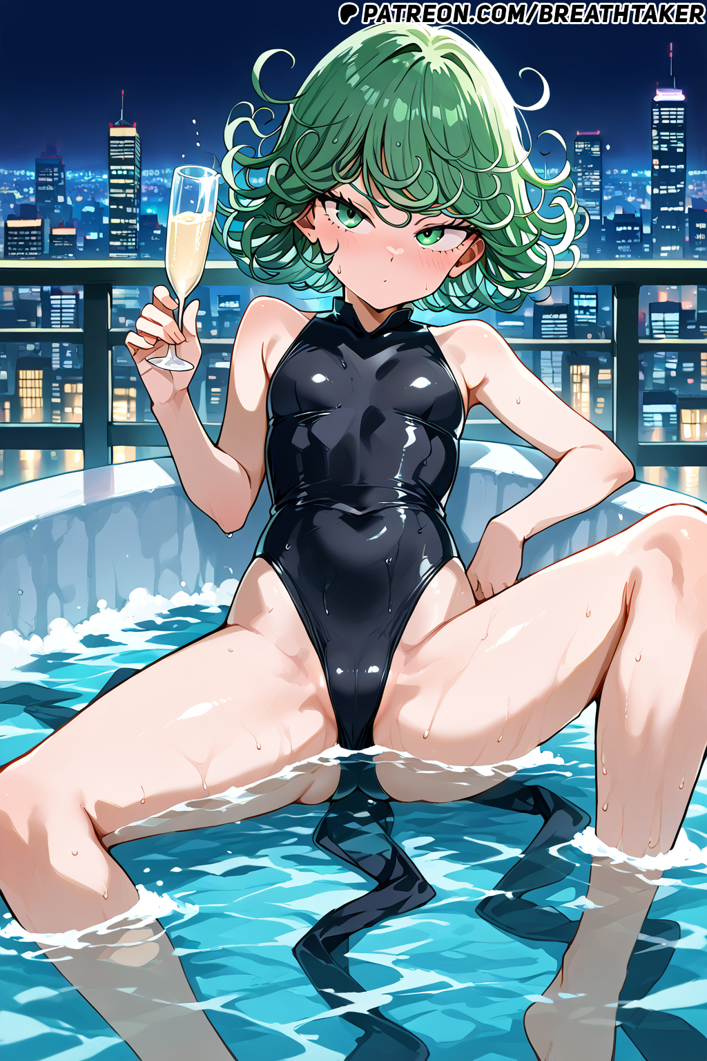 ai_generated balcony bath bathing bathtub breasts breathtaker champagne city cityscape female green_eyes green_hair hi_res in_water leaning_back leotard lying_in_water night night_city one-punch_man open_legs small_breasts small_tits spread_legs spreading swimsuit tatsumaki wet