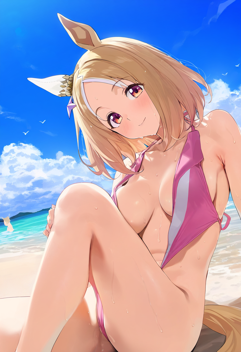 ai_generated animal_ears beach beige_hair breasts breasts_out female hair_accessory horse_girl looking_at_viewer narita_top_road_(umamusume) orange_eyes umamusume umamusume_pretty_derby undone_bikini