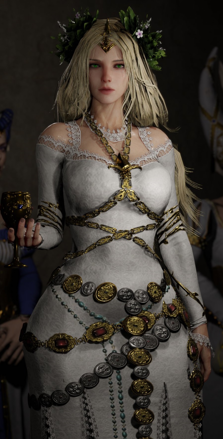 1girls, 3d, bare shoulders, beautiful face, blonde hair, bretonnia, chalice, elf, elf female, enchantress, fay enchantress, female, female only, female solo, flower crown, flower in hair, gold chain, gold choker, gold jewelry, green eyes, human female, lace, long hair, morgiana le fay, pale skin, pale skinned female, soboro, tiara, total war: warhammer, warhammer (franchise), warhammer fantasy, white dress, white skin, white skinned female, wide hips