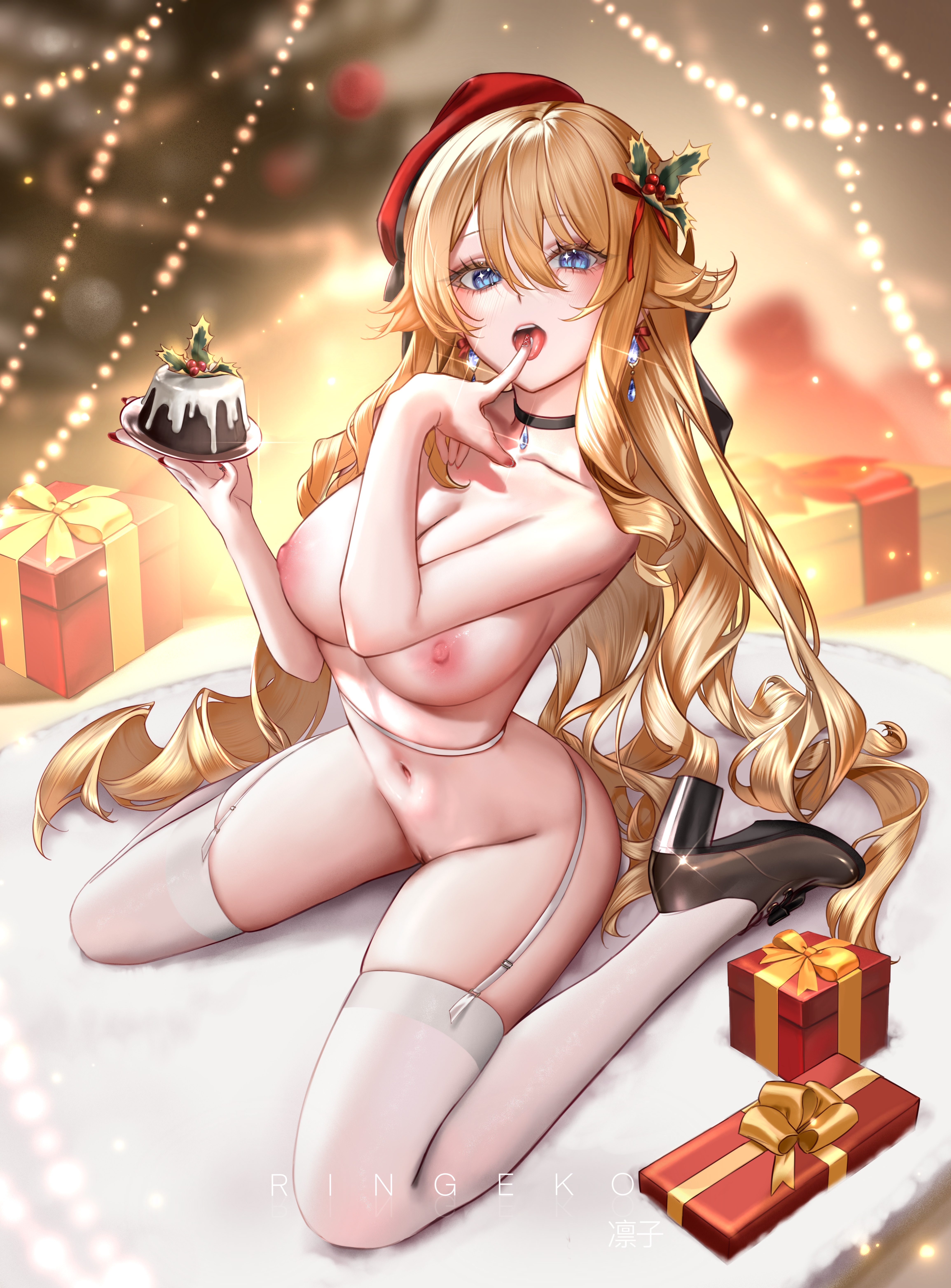blonde hair, blue eyes, breasts, female, female only, genshin impact, navia (genshin impact), nipples, nude, ringeko chan