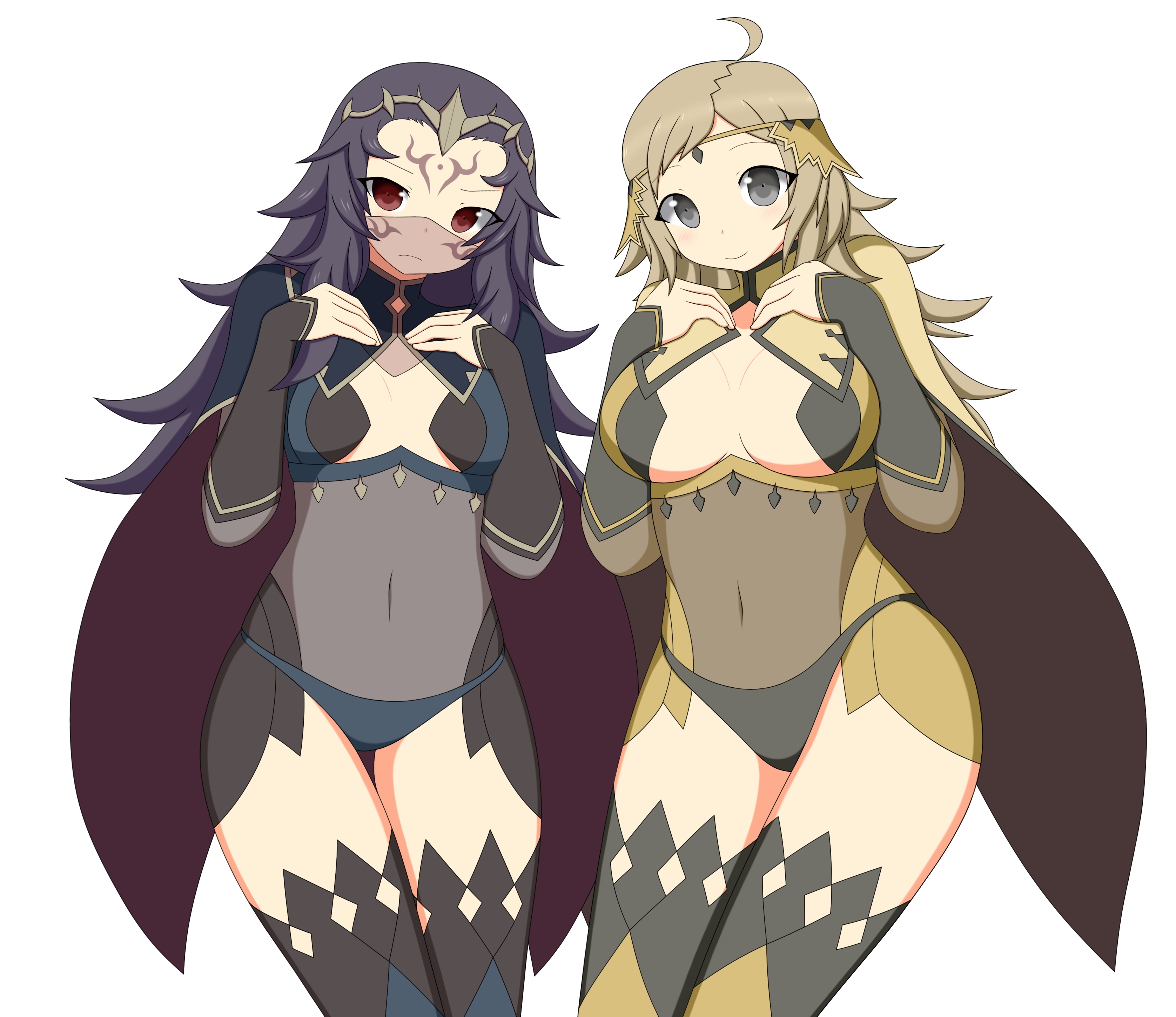 black eyes, black hair, blonde hair, blush, breasts, cape, circlet, daughter, elbow gloves, female, fire emblem, fire emblem fates, gloves, hair ornament, large breast, long hair, mother, mother and daughter, nyx (fire emblem), ophelia (fire emblem), red eyes, small breasts, smile, solo, tattoo, thighhighs