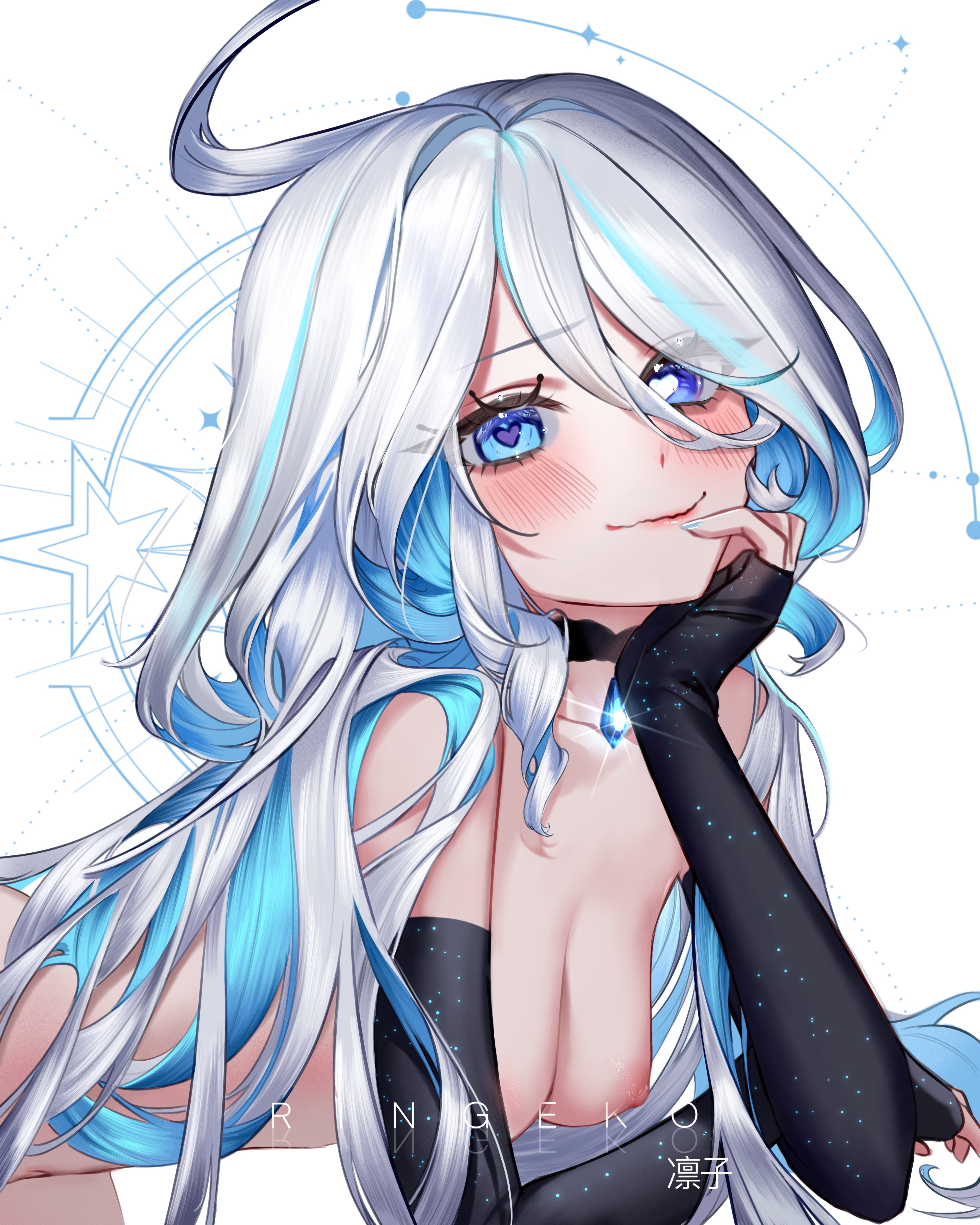 1girls, blue eyes, blue hair, breasts, female, female only, furina (genshin impact), genshin impact, nipples, nude, ringeko chan, solo, solo female, white hair