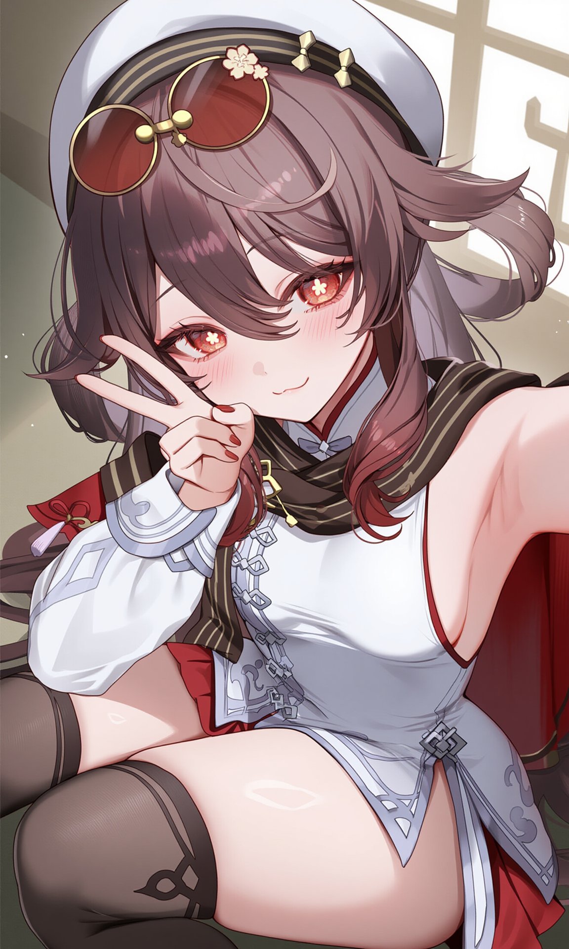 ai_generated armpits bare_thighs blush breasts brown_hair fully_clothed genshin_impact hat hu_tao_(cherries_snow-laden)_(genshin_impact) hu_tao_(genshin_impact) peace_sign petite poyon_na red_eyes selfie sideboob smile sunglasses thick_thighs thighhighs thighs