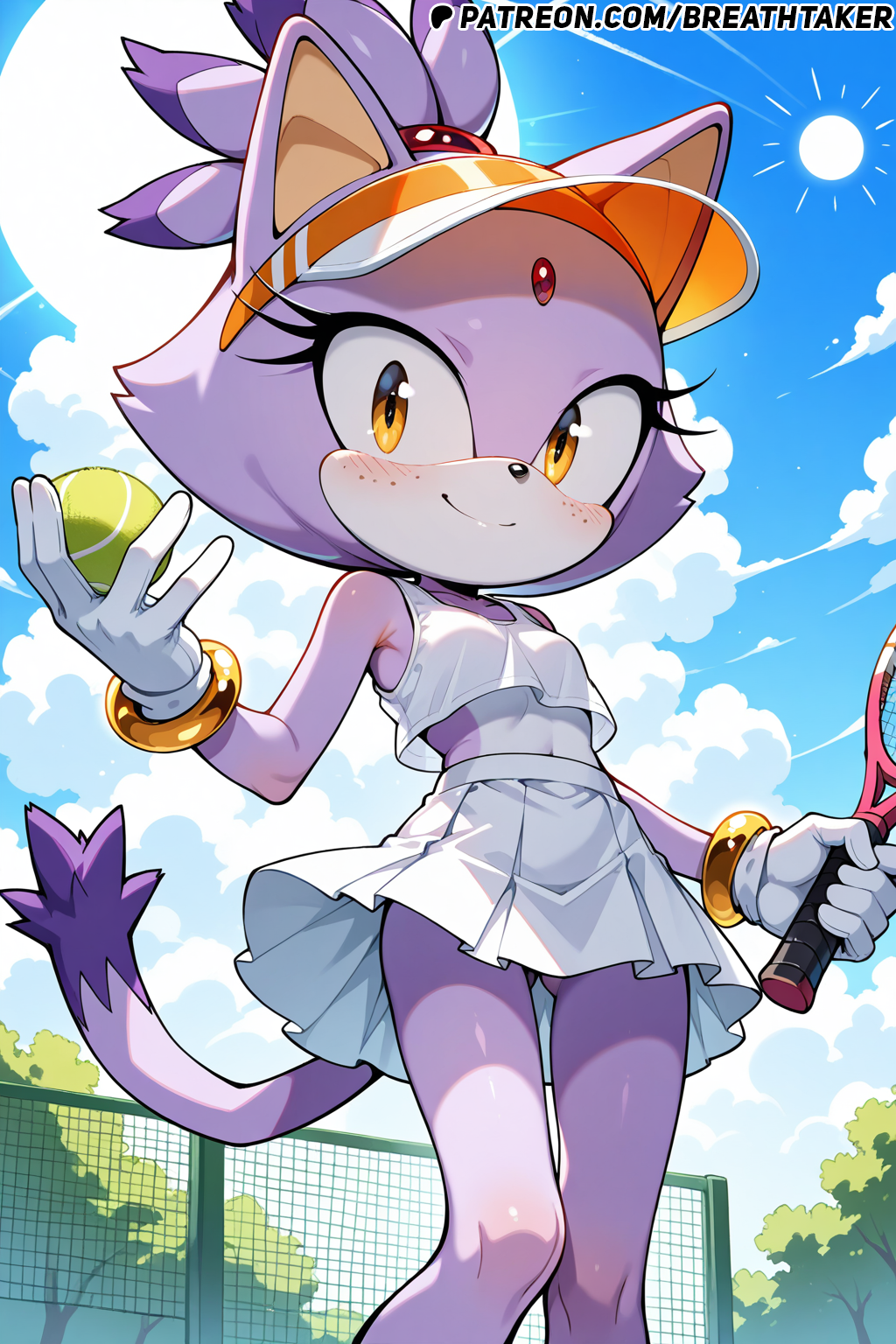 ai_generated blaze_the_cat breathtaker furry furry_female hi_res outdoors purple_fur skirt small_breasts small_tits sonic_(series) sonic_the_hedgehog_(series) sports_bra tennis_ball tennis_court tennis_outfit tennis_racket tennis_skirt tennis_uniform visor visor_cap yellow_eyes