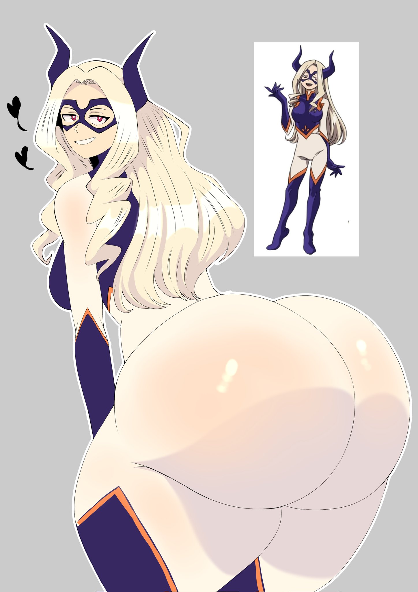 ass, ass focus, back view, blonde hair, costume, female, heart, horn, huge ass, long hair, looking at viewer, looking back, luizinbk, masked female, mount lady, my hero academia, presenting ass, presenting butt, showing ass, smile, smiling at viewer, suit, superheroine, superheroine costume, thick ass