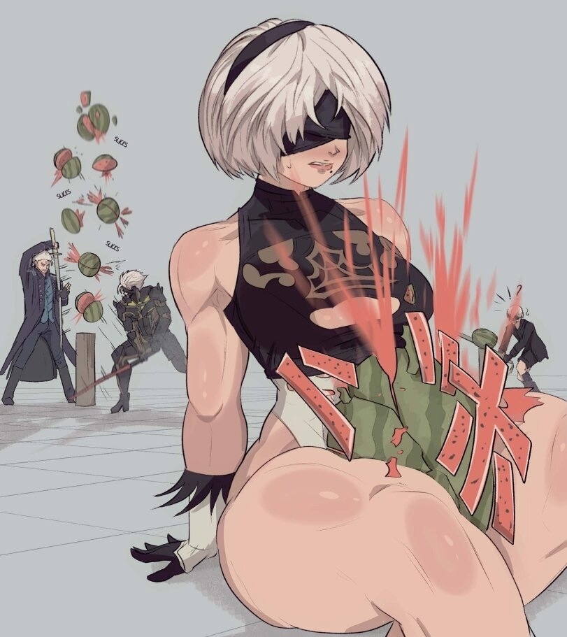 1girls female nier:_automata thighs watermelon watermelon_crushing white_hair yoracrab yorha_2b